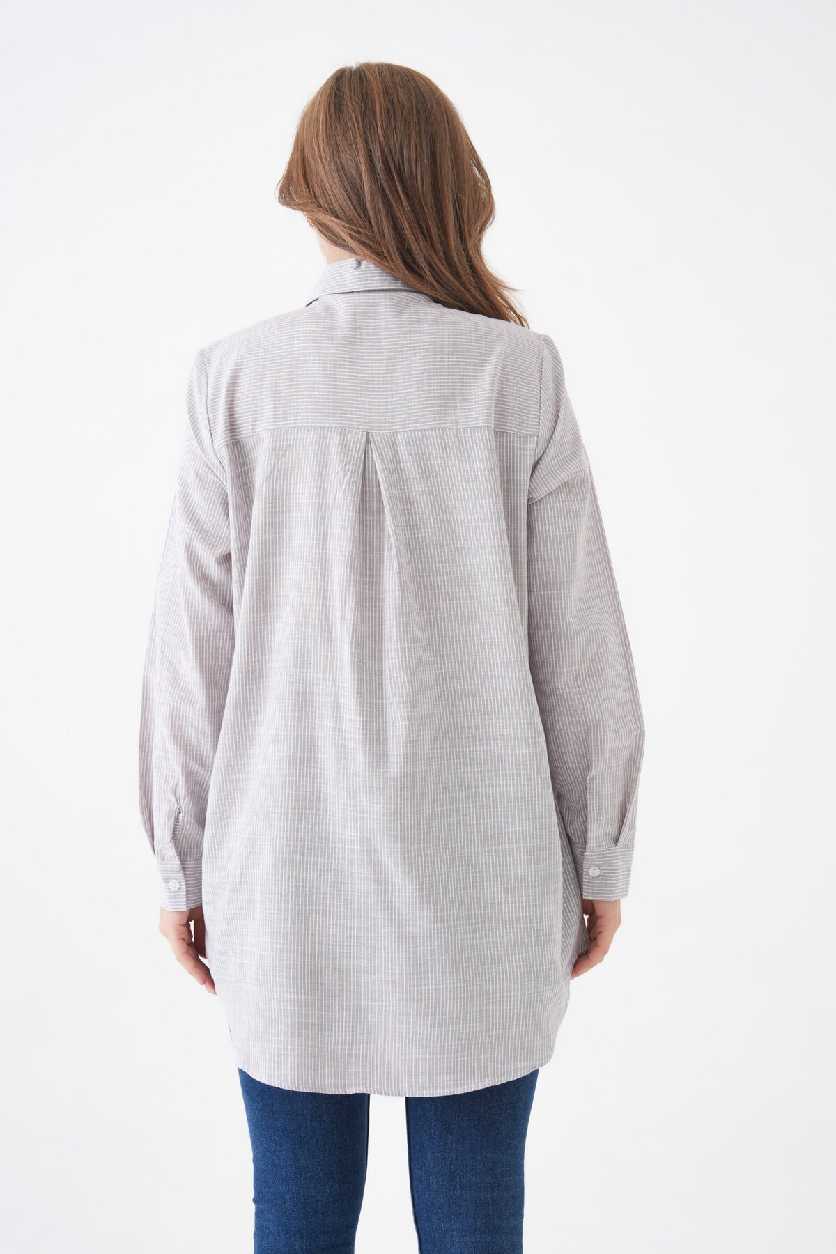 Kadın Gömlek Yaka Düğmeli Uzun Kol Tunik Boy Rahat Çizgili Curve Büyük Beden Tesettüre Uygun Gömlek