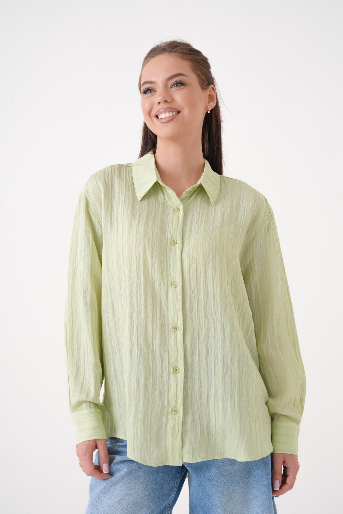 Kadın Gömlek Yaka Önü Düğmeli Düz Uzun Kol Rahat Kalıp Curve Büyük Bedeb Yazlık Gömlek