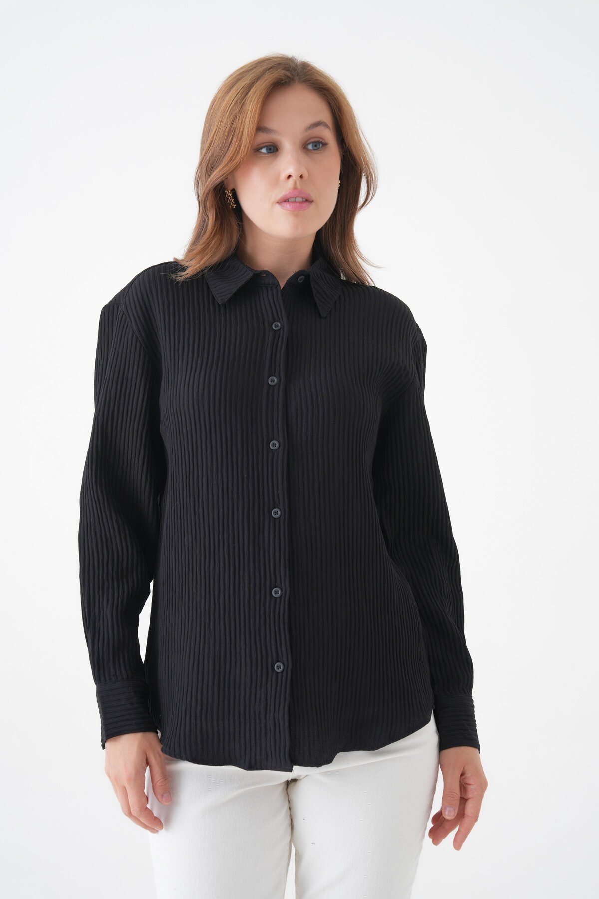 Kadın Gömlek Yaka Önü Düğmeli Düz Uzun Kol Rahat Kalıp Curve Büyük Bedeb Yazlık Gömlek