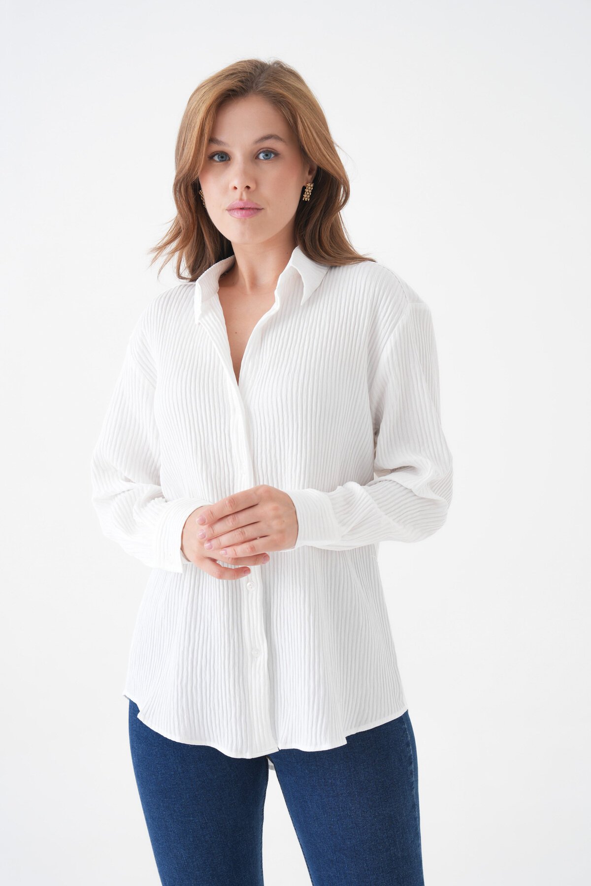 Kadın Gömlek Yaka Önü Düğmeli Düz Uzun Kol Rahat Kalıp Curve Büyük Bedeb Yazlık Gömlek