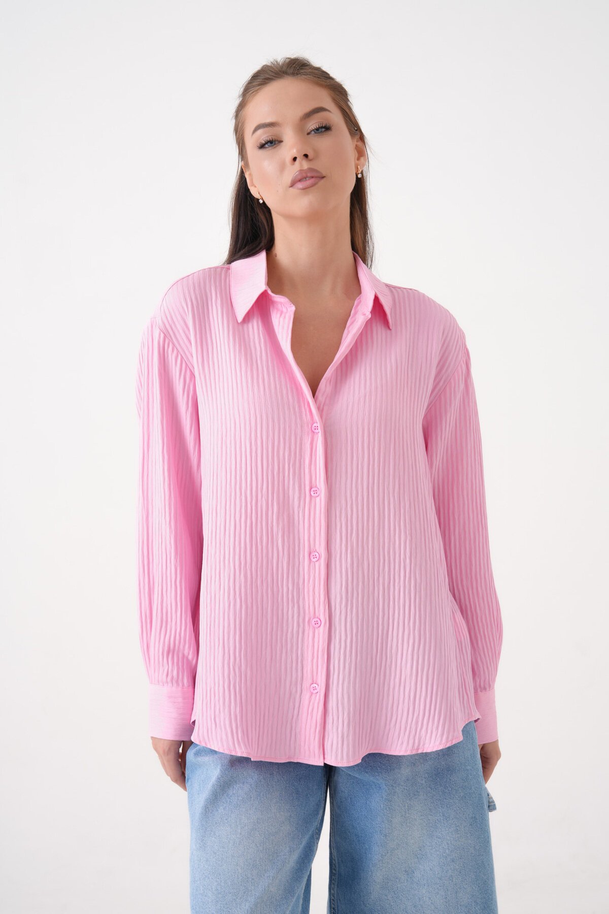 Kadın Gömlek Yaka Önü Düğmeli Düz Uzun Kol Rahat Kalıp Curve Büyük Bedeb Yazlık Gömlek