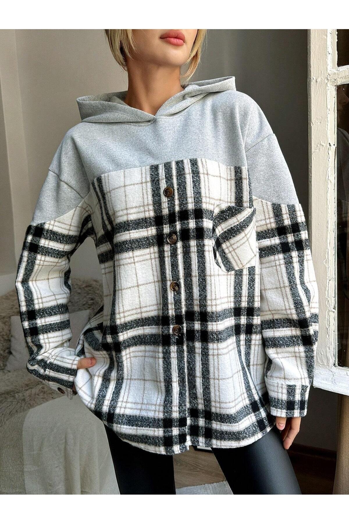 Kadın Gri Bej Geniş Kalıp Sweatshirt Kışlık Ceket Gömlek