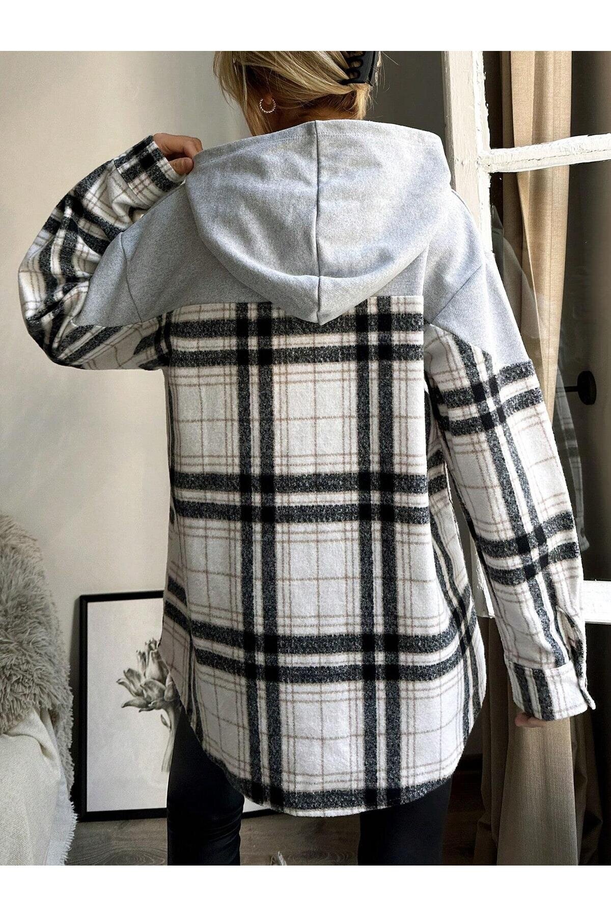 Kadın Gri Bej Geniş Kalıp Sweatshirt Kışlık Ceket Gömlek