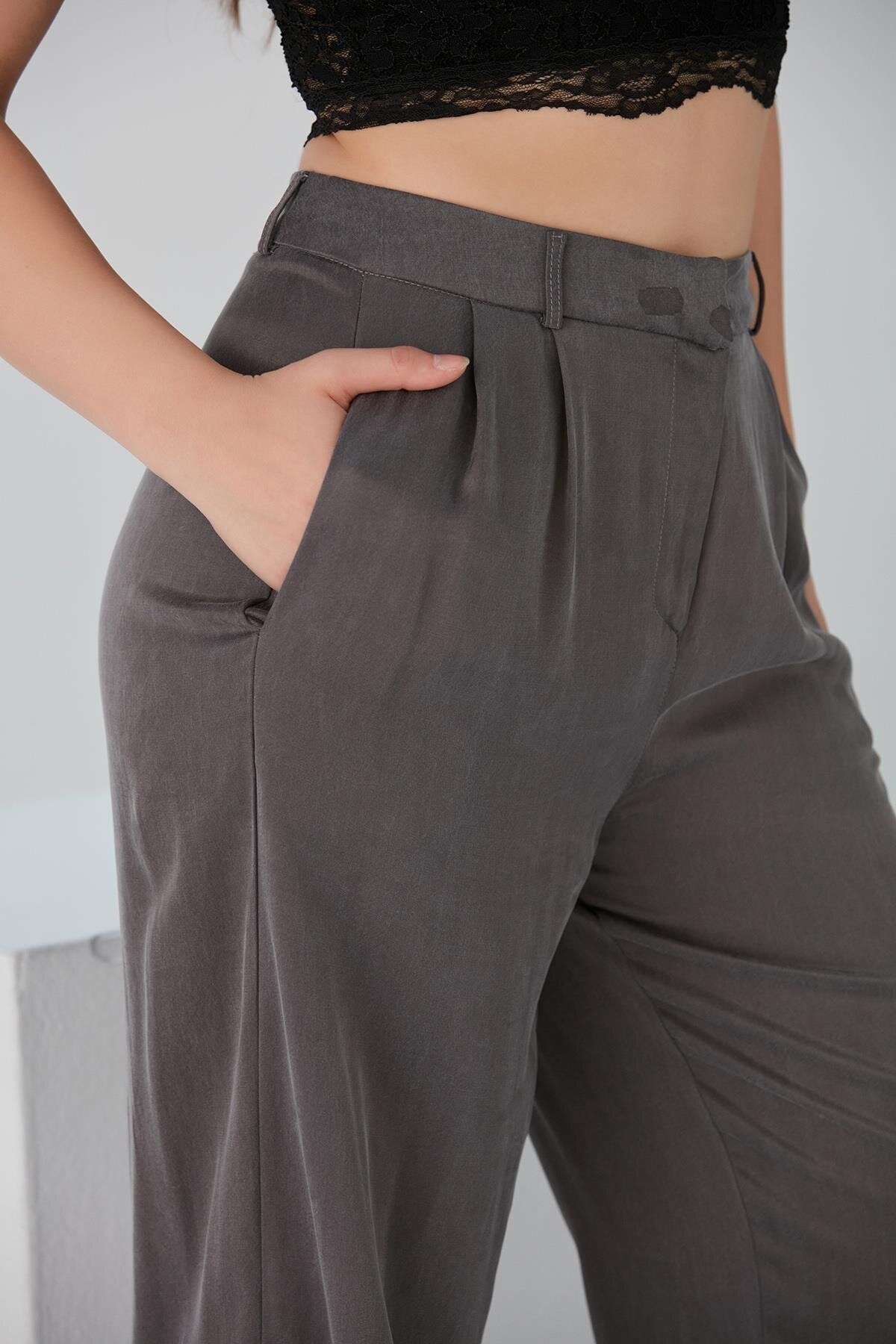 Kadın Hafif Parlak Modal Kumaş Yüksek Bel Spor Şık Antrasit Geniş Paça Pantolon