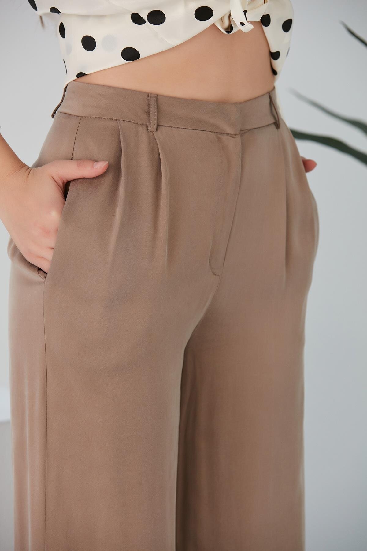 Kadın Hafif Parlak Modal Kumaş Yüksek Bel Spor Şık Kahverengi Geniş Paça Pantolon