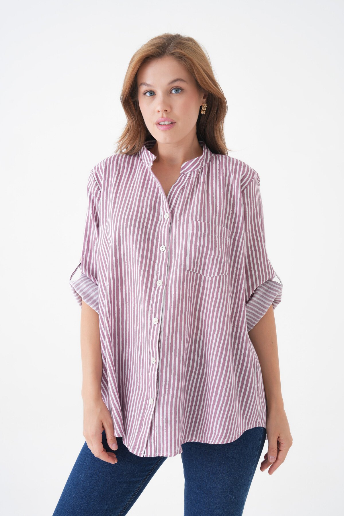 Kadın Hakim Yaka Geniş Kalıp Tesettüre Uygun Çizgili Spor Şık Curve Gömlek