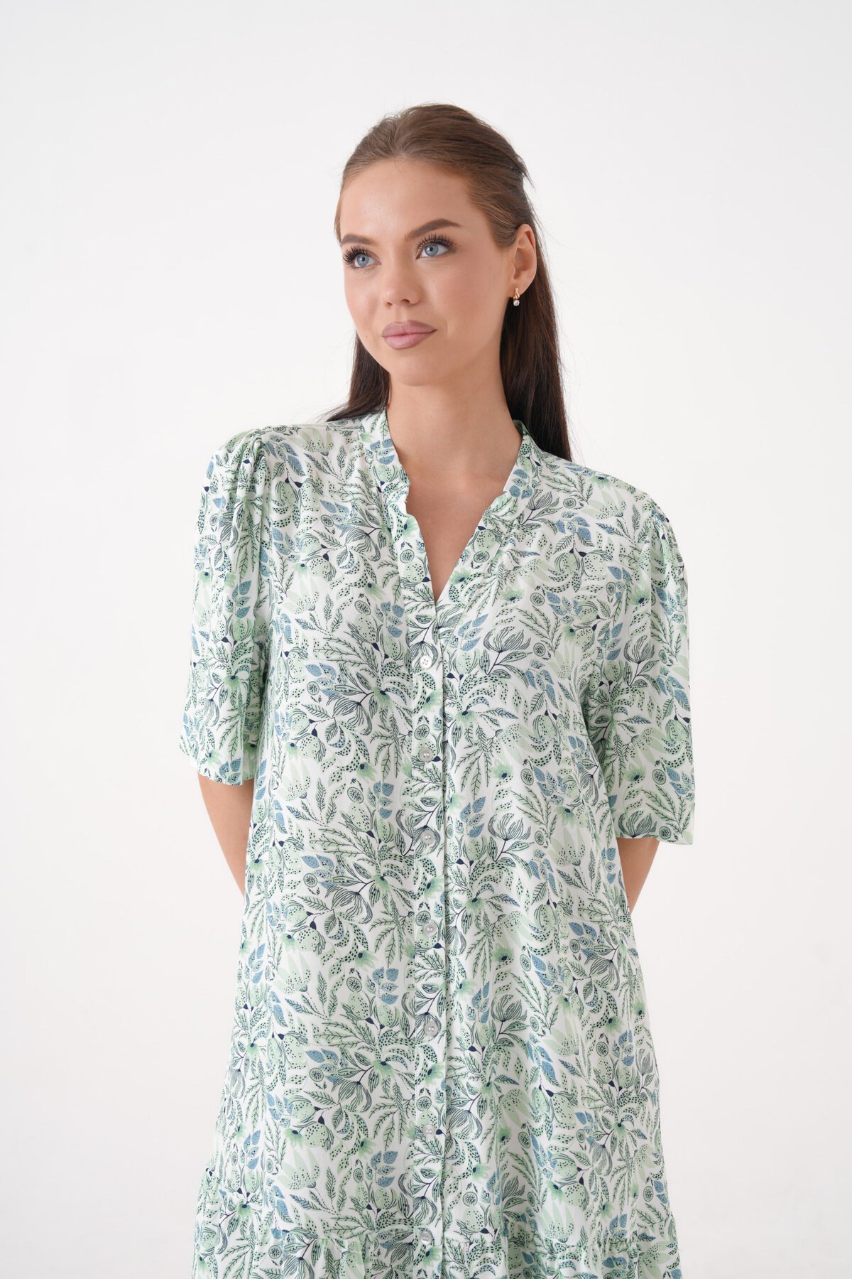 Kadın Hakim Yaka Yarım Kol Eteği Pileli Yazlık Önüi Düğmeli Gömlek Curve Elbise