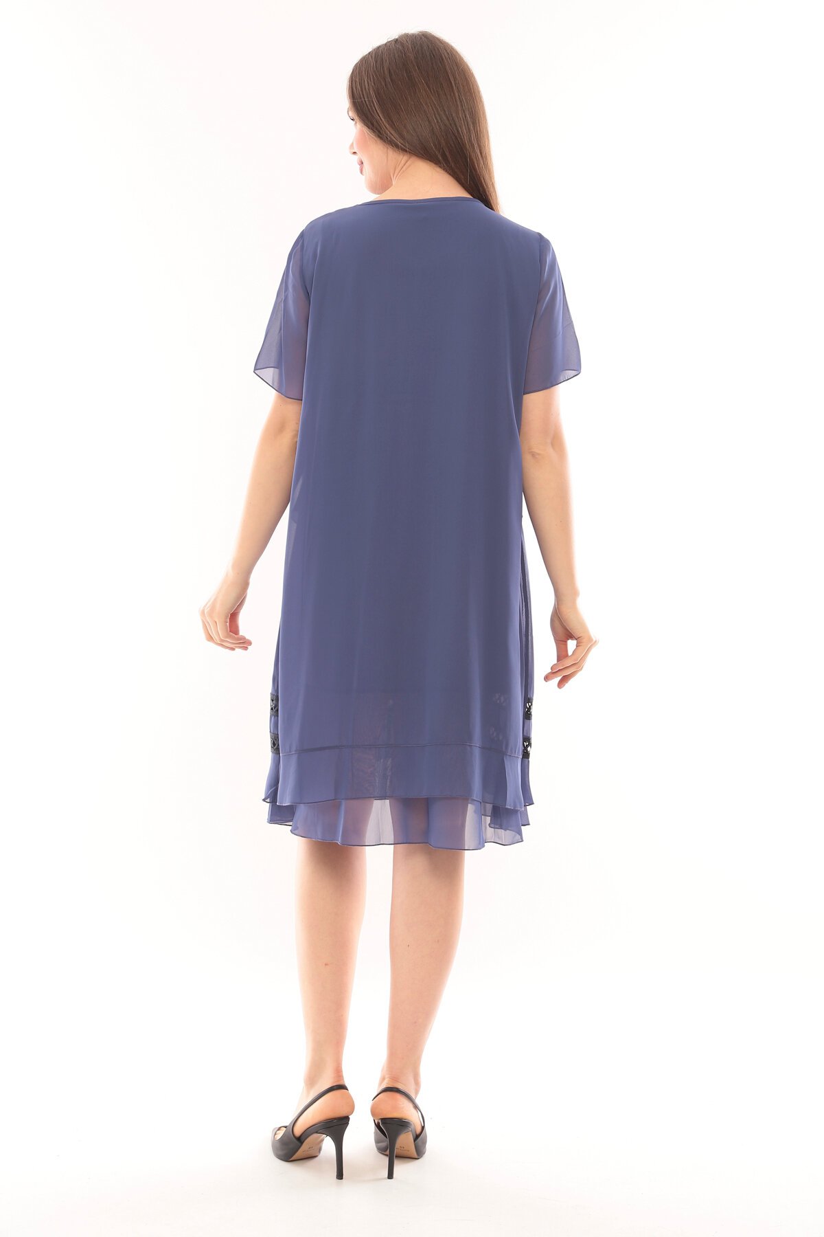 Kadın İthal Büyük Beden Püskül Zincir Detaylı Şifon Yarım Kol Astarlı Büyük Beden Elbise