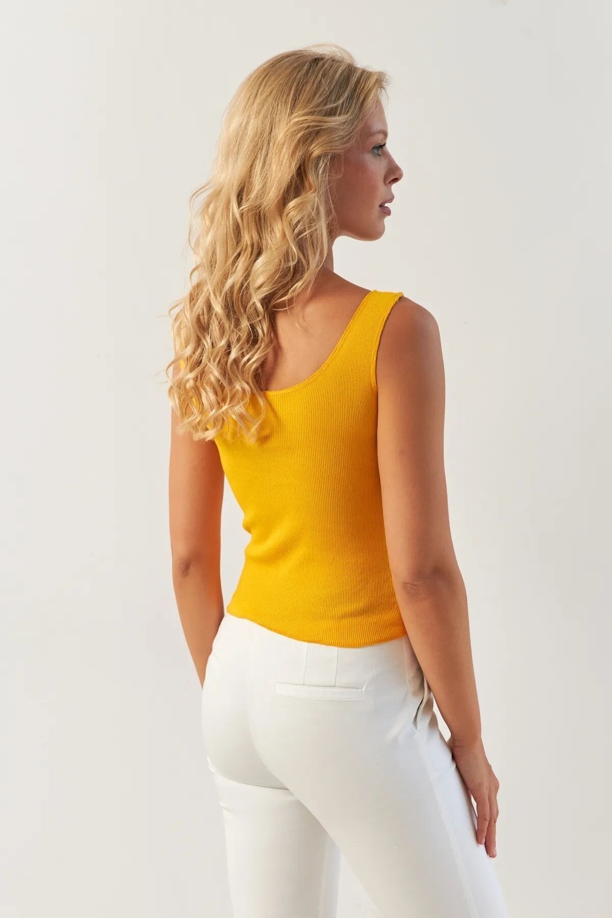 Kadın Kare Yaka Önden Düğmeli Yazlık Crop Top Bluz