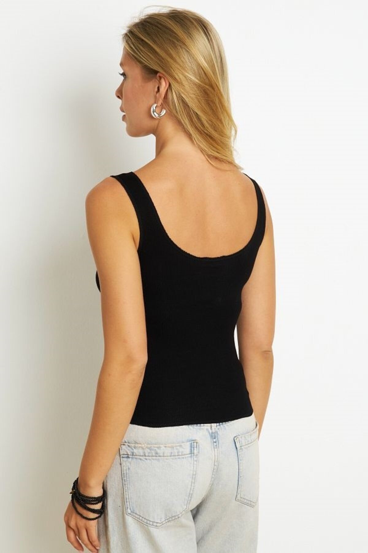 Kadın Kare Yaka Önden Düğmeli Yazlık Crop Top Bluz