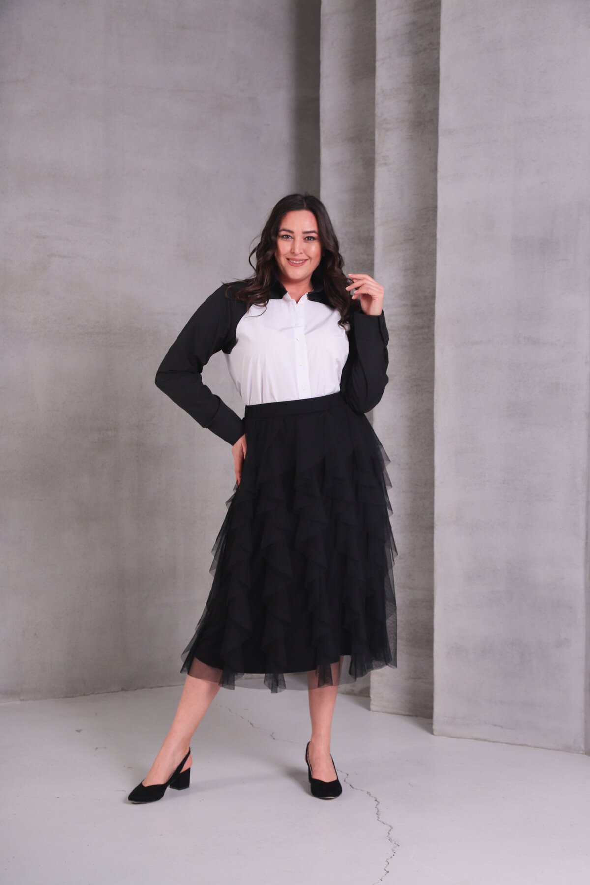 Kadın Katlı Tasarım Yüksek Bel Beli Lastikli Spor Şık Curve Büyük Beden Tül Etek