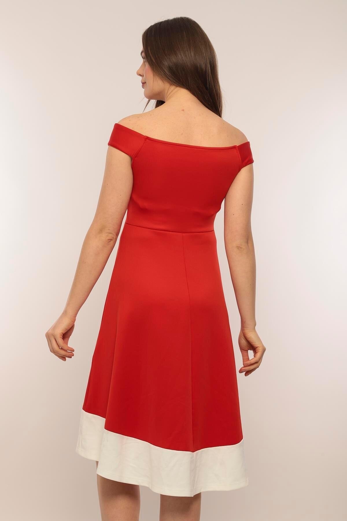 Kadın Kayık Yaka Kırmızı Volanlı Çan Kesim Şık Curve Gece Abiye/Mezuniyet Elbisesi