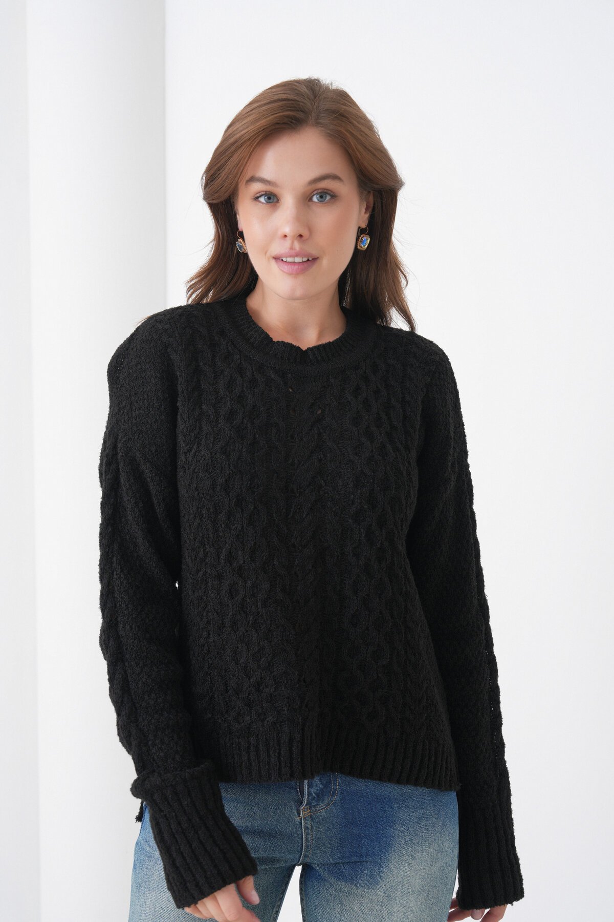 Kadın Kendinden Dokulu Uzun Kollu Bisiklet Yaka Spor Şık Kışlık Triko Kazak