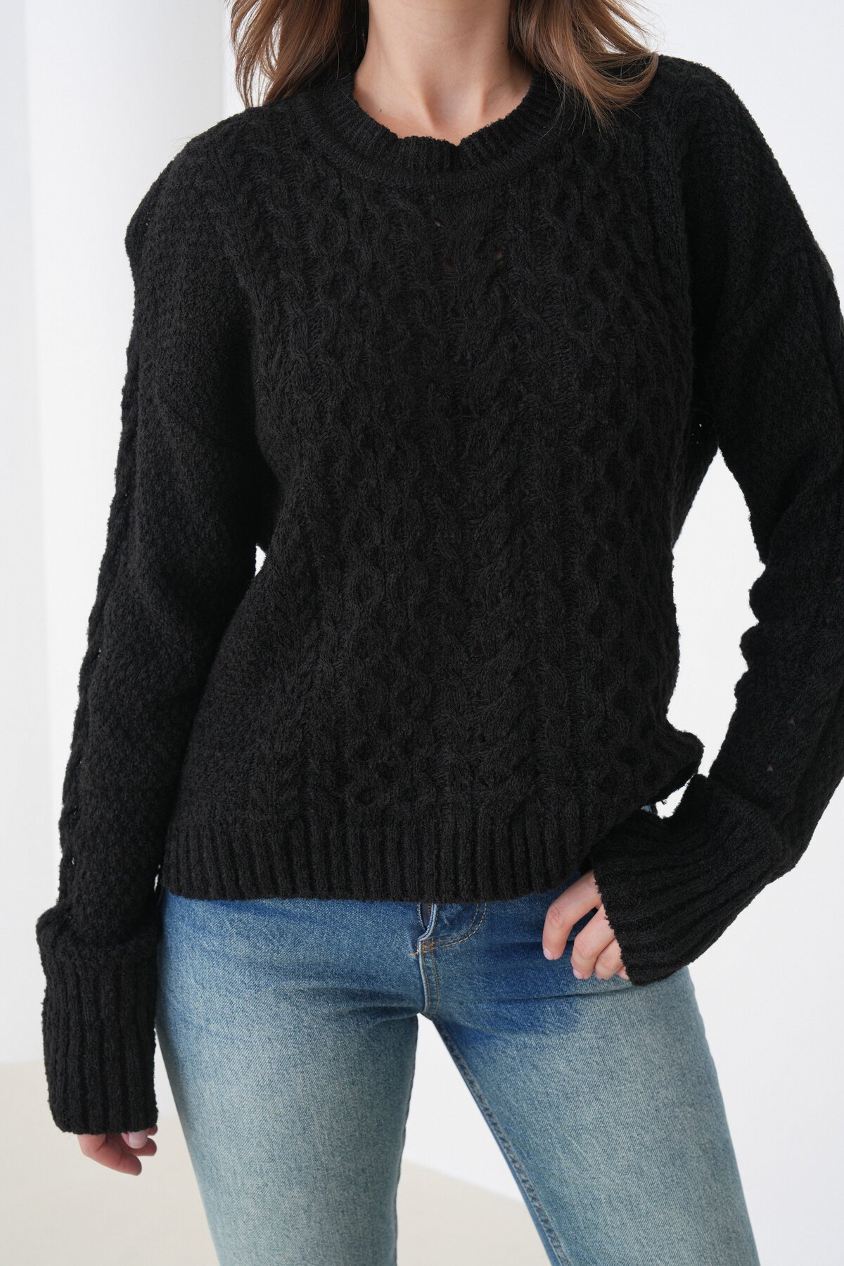 Kadın Kendinden Dokulu Uzun Kollu Bisiklet Yaka Spor Şık Kışlık Triko Kazak