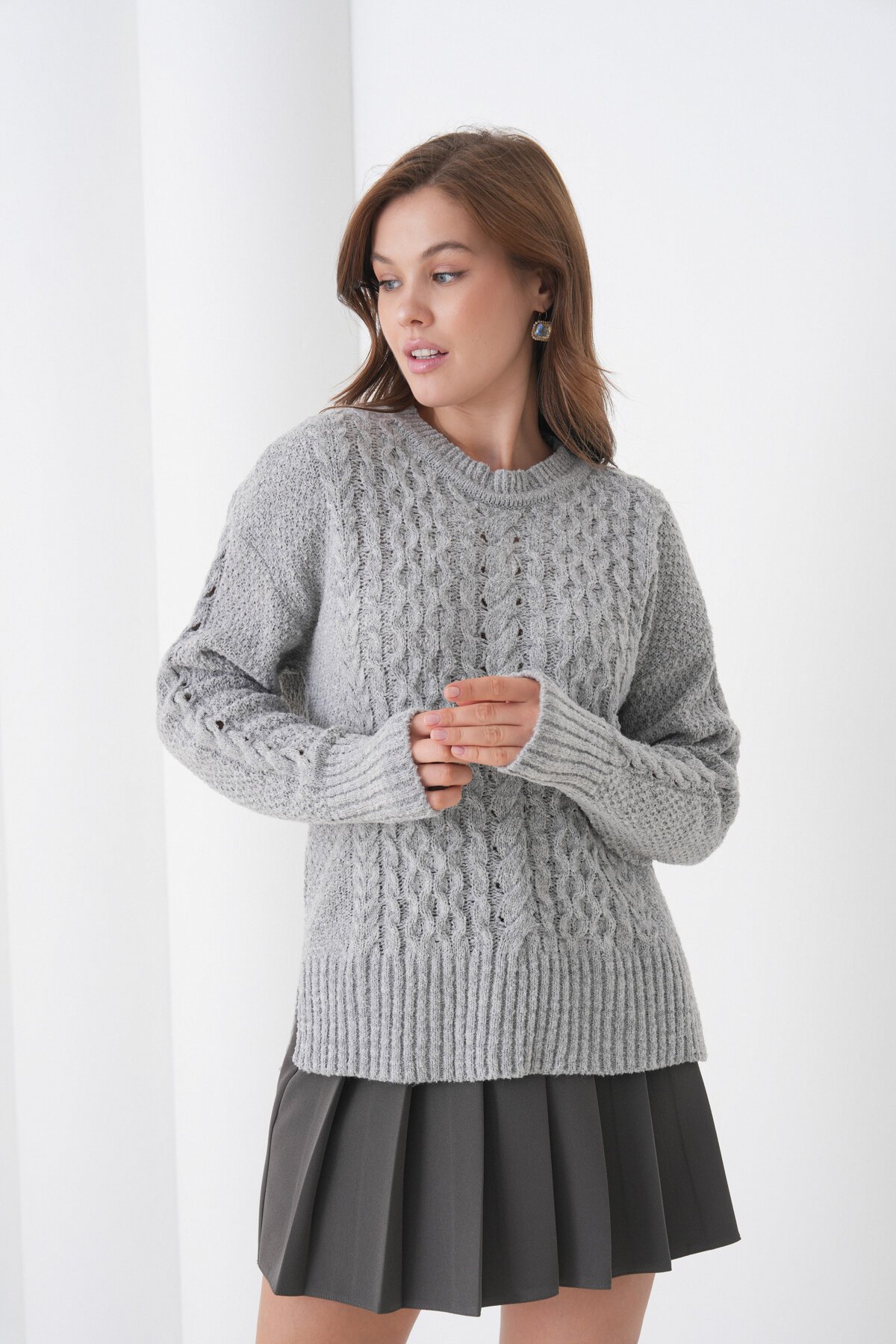 Kadın Kendinden Dokulu Uzun Kollu Bisiklet Yaka Spor Şık Kışlık Triko Kazak