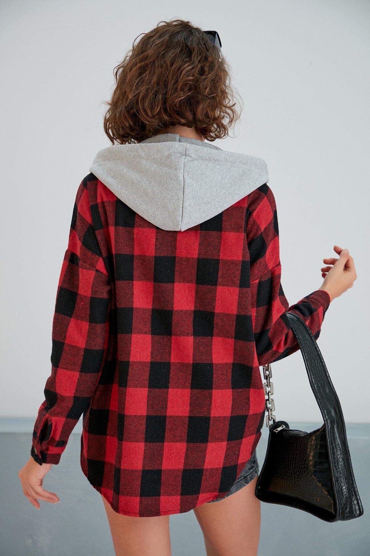 Kadın Kırmızı Siyah Oduncu Oversize Ceket Gömlek