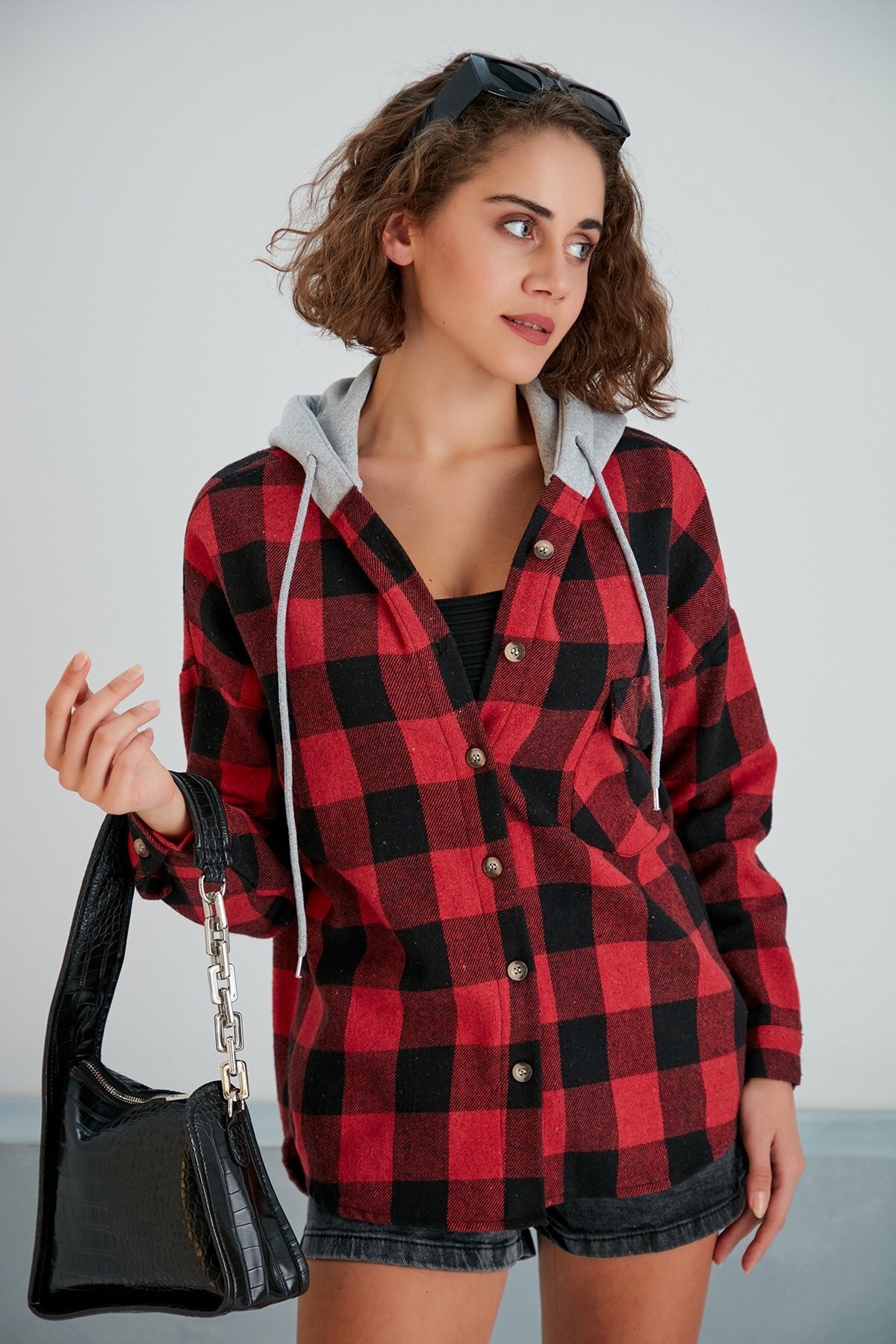 Kadın Kırmızı Siyah Oduncu Oversize Ceket Gömlek