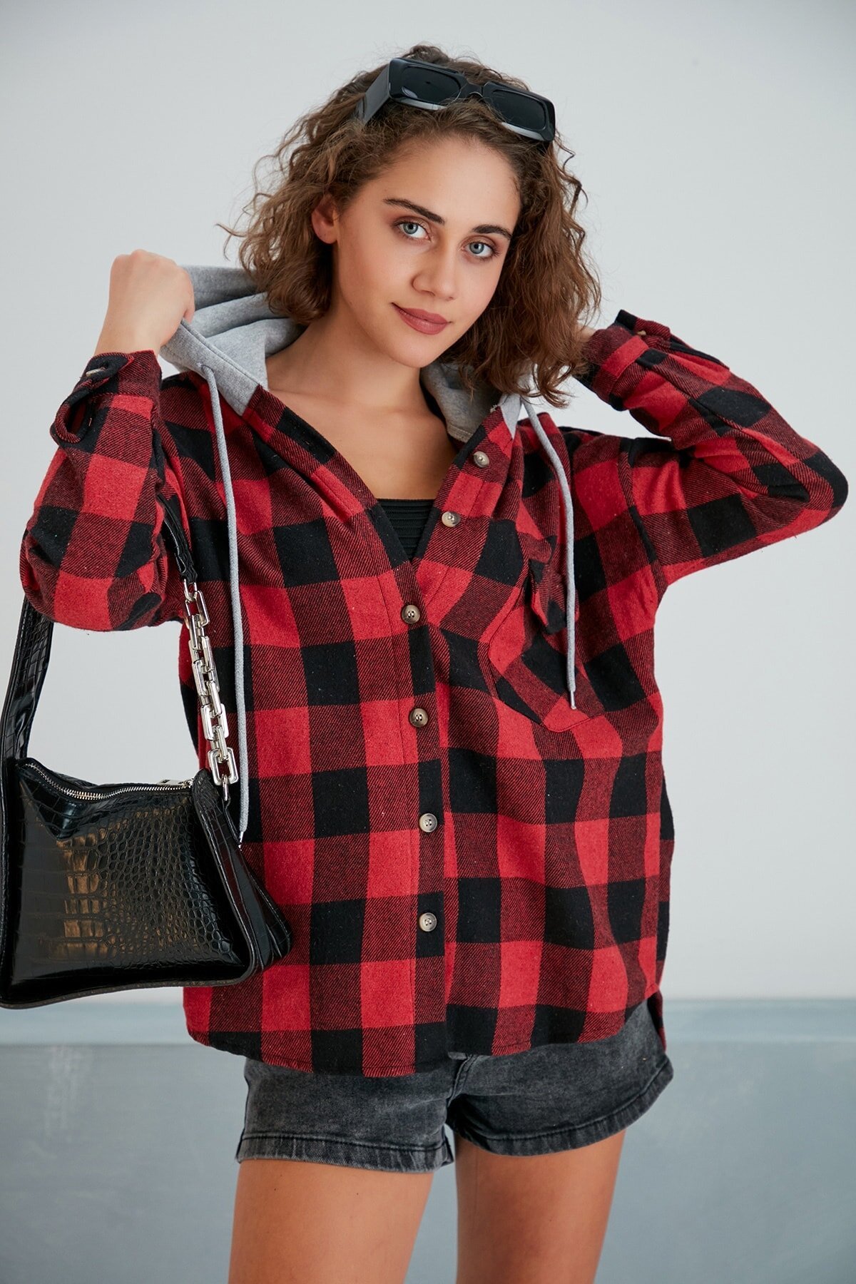 Kadın Kırmızı Siyah Oduncu Oversize Ceket Gömlek