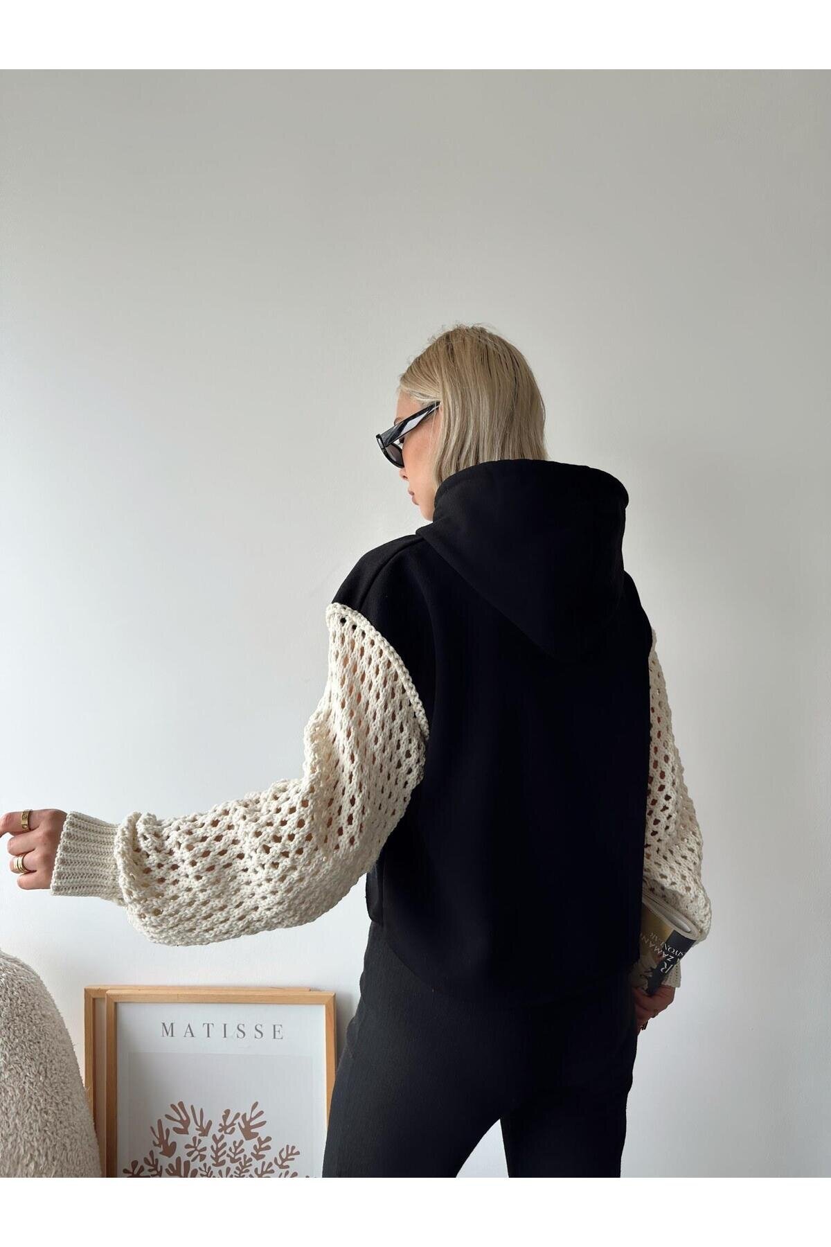 Kadın Kolları Örgü Triko Süper Şık Tasarım Oversize Crop Boy Siyah Sweatshirt