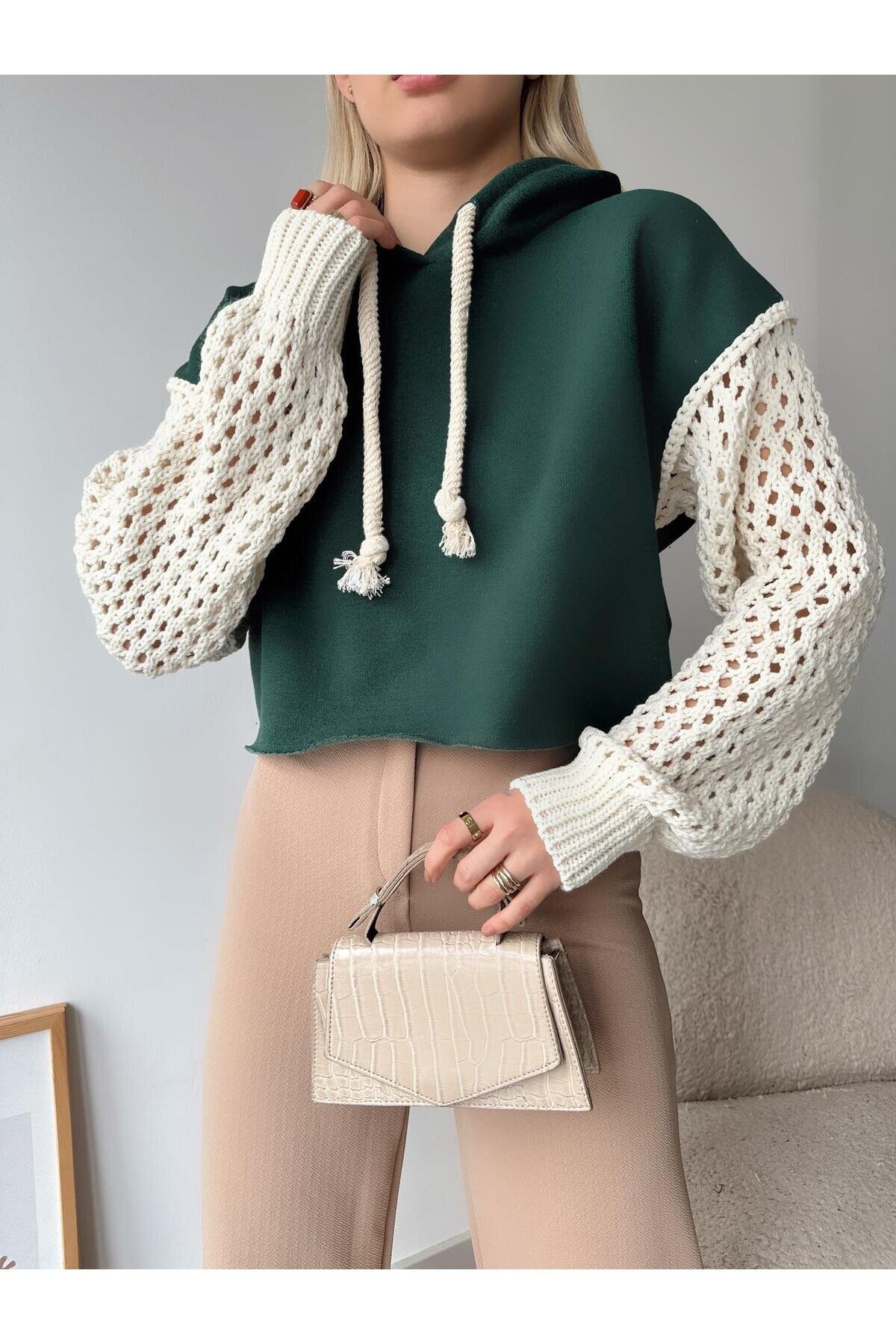 Kadın Kolları Örgü Triko Süper Şık Tasarım Oversize Crop Boy Yeşil Sweatshirt