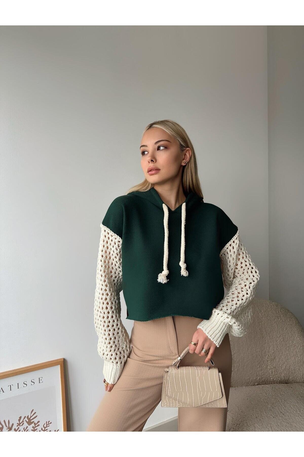 Kadın Kolları Örgü Triko Süper Şık Tasarım Oversize Crop Boy Yeşil Sweatshirt