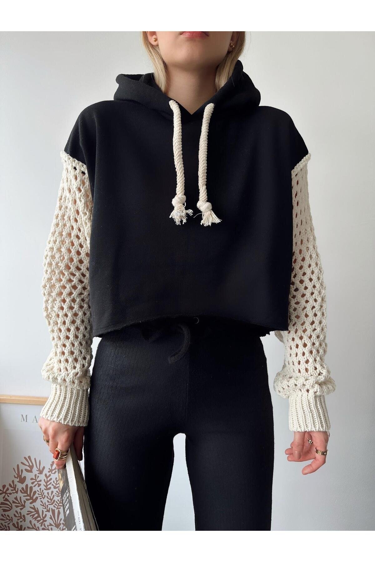 Kadın Kolları Örgü Triko Süper Şık Tasarım Oversize Crop Boy Siyah Sweatshirt