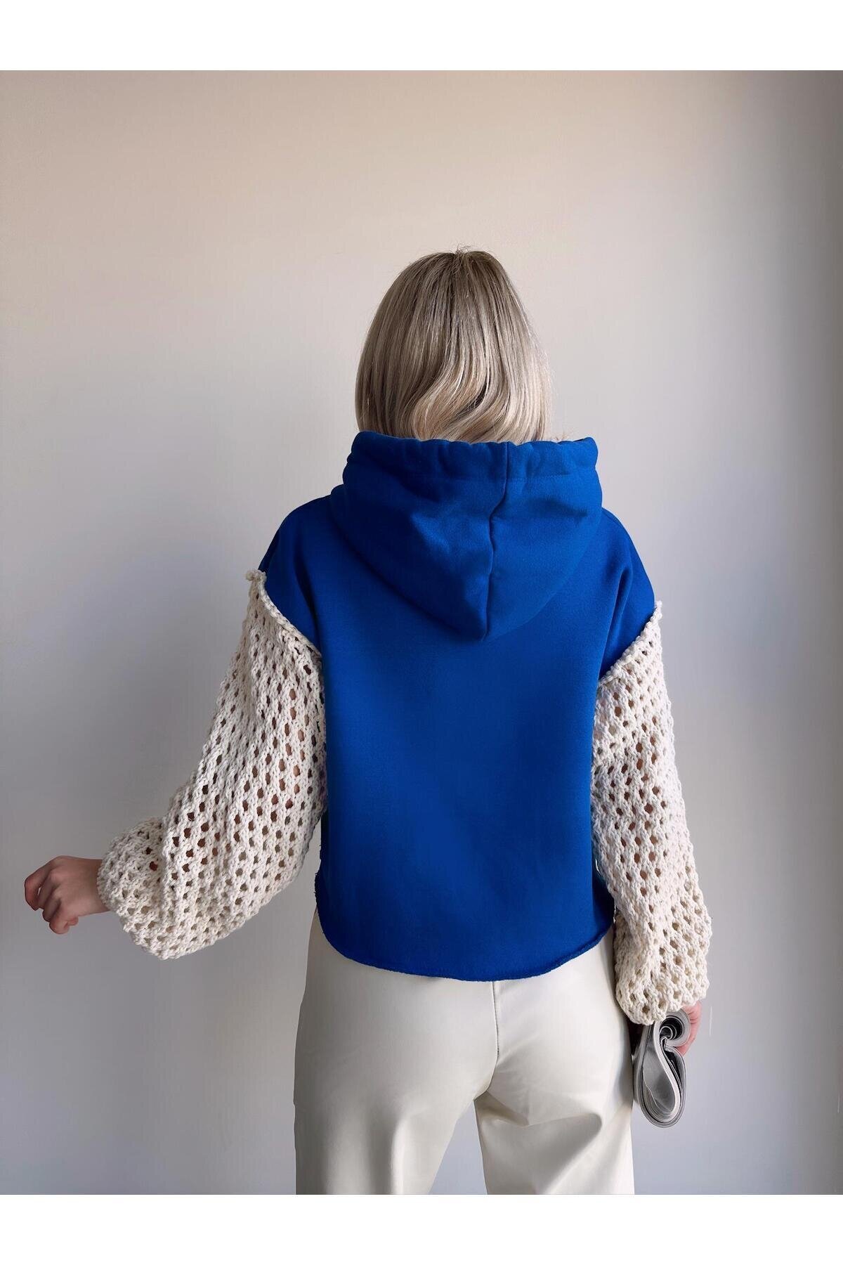 Kadın Kolları Örgü Triko Süper Şık Tasarım Oversize Crop Boy Saks Mavi Sweatshirt