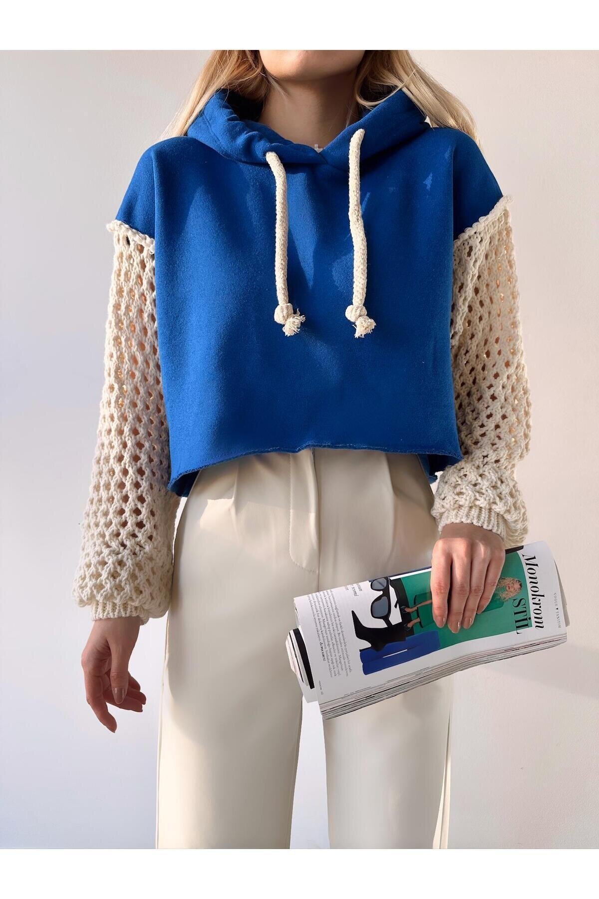 Kadın Kolları Triko Tasarım 3 İplik Uzun Kol Pamuk Crop Boy Şık Sweatshirt