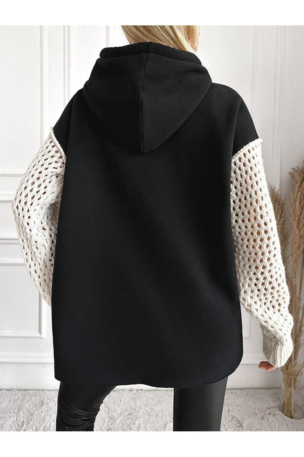 Kadın Kolları Triko Oversize Curve Tasarım Siyah Sweatshirt