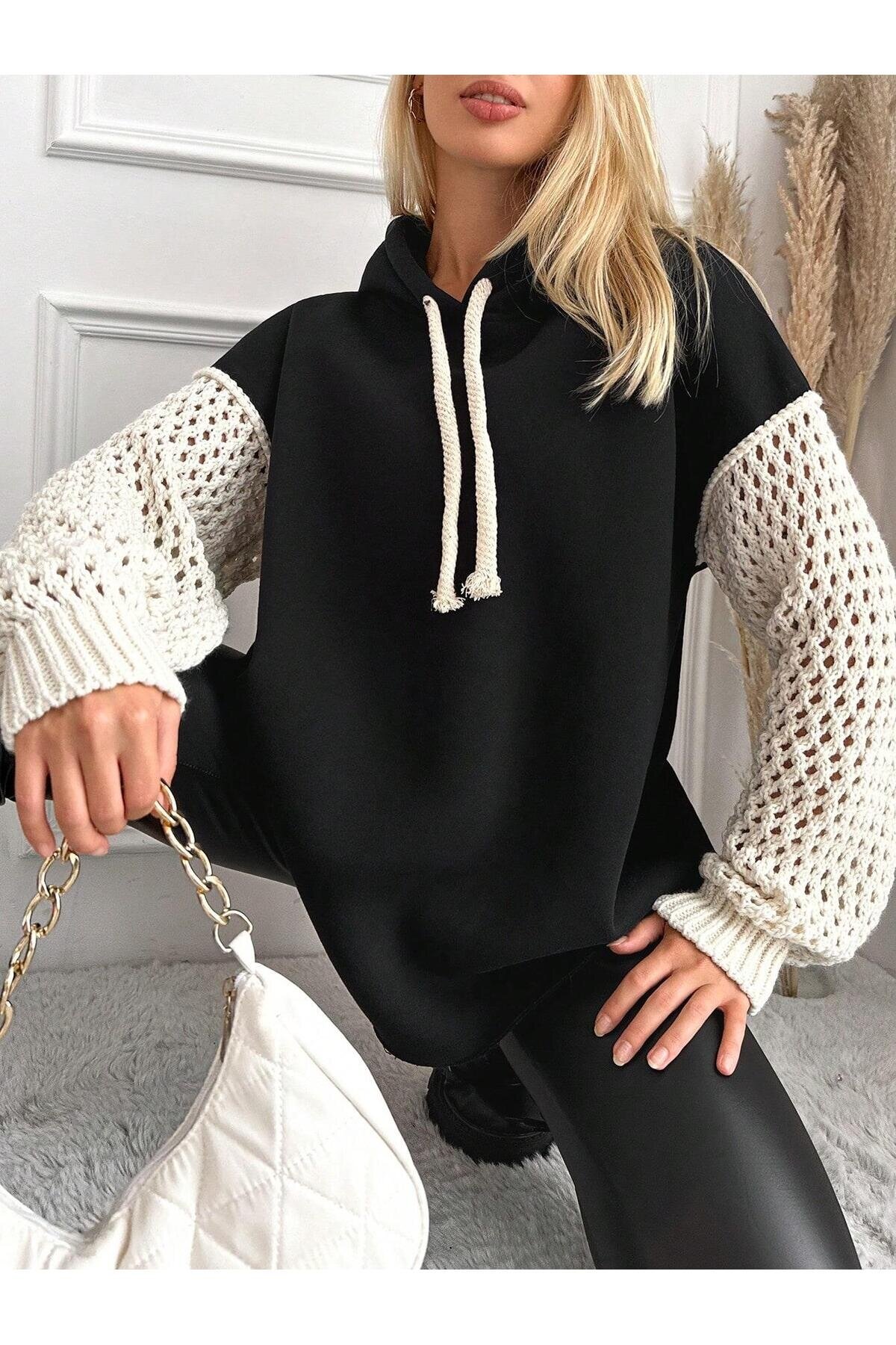 Kadın Kolları Triko Oversize Curve Tasarım Siyah Sweatshirt