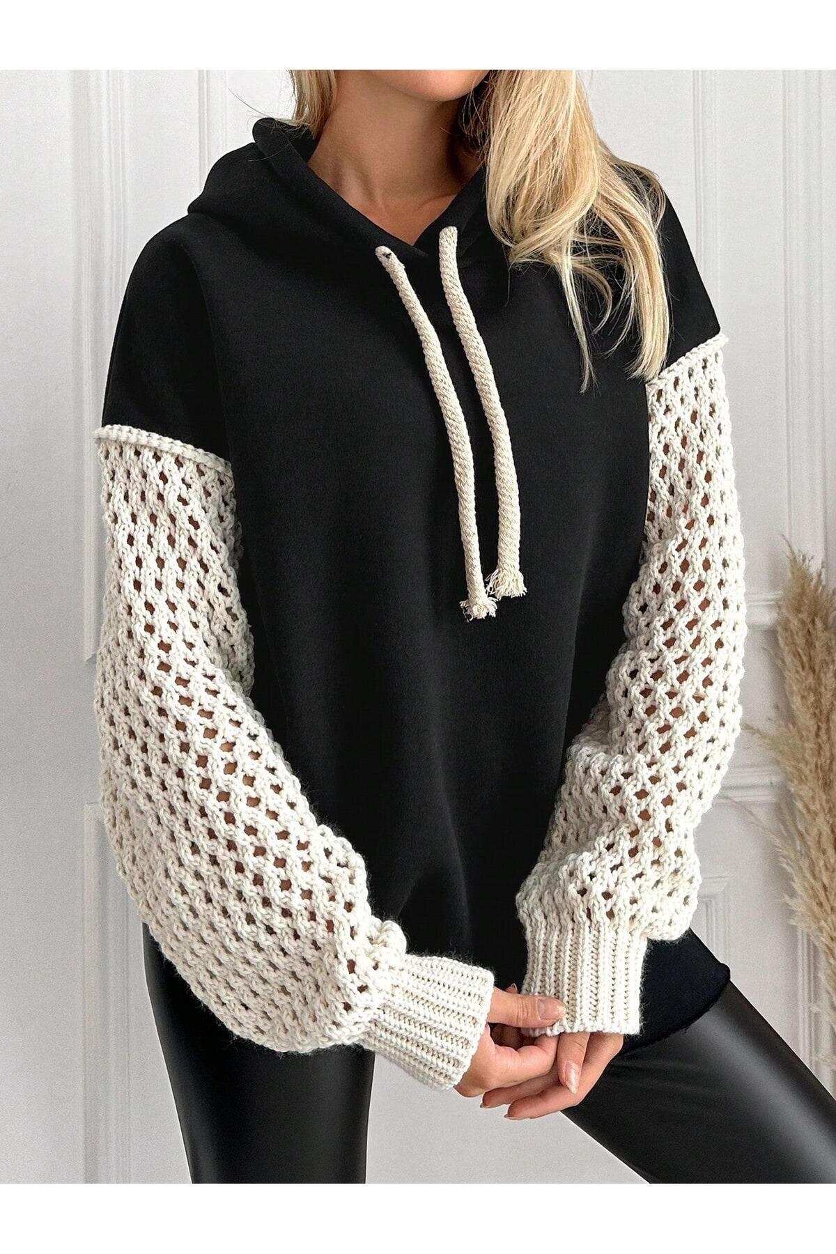 Kadın Kolları Triko Oversize Curve Tasarım Siyah Sweatshirt