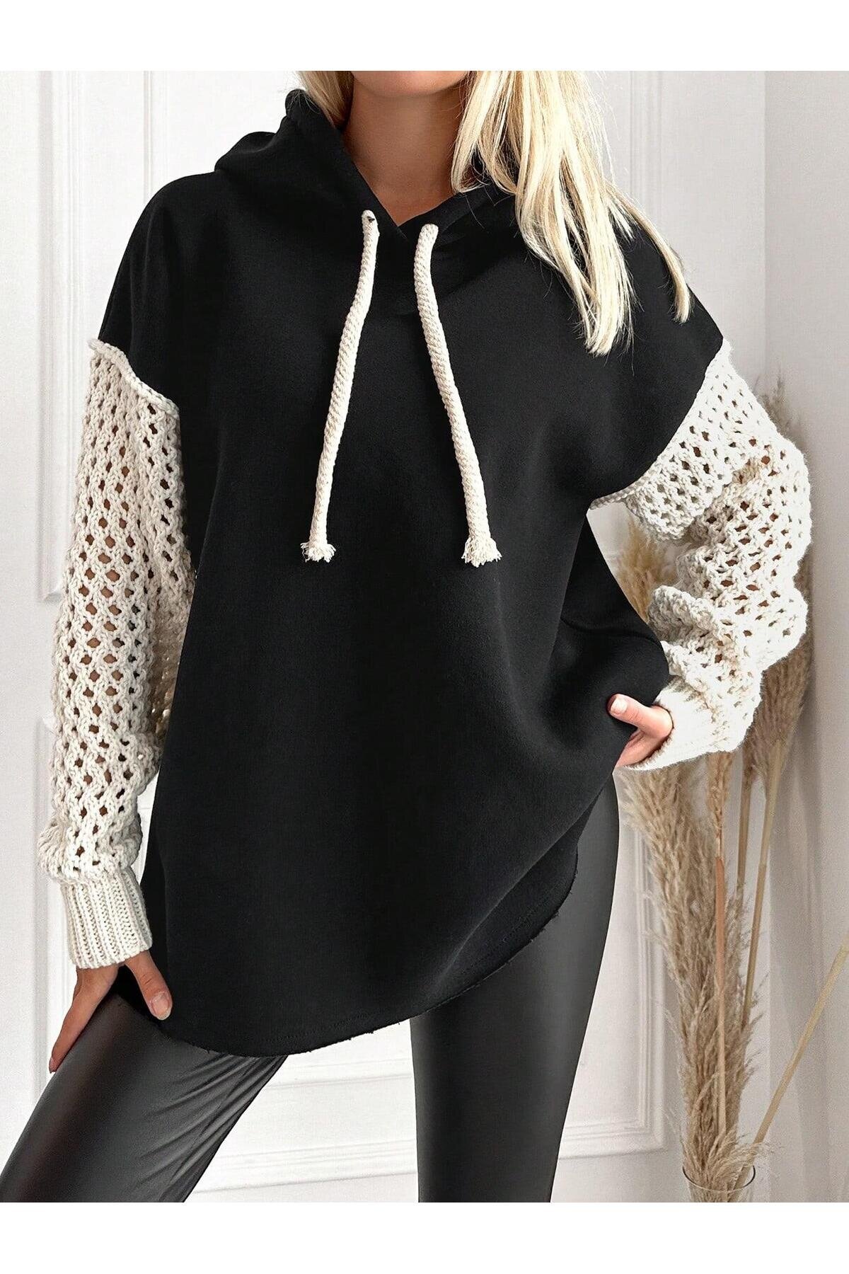 Kadın Kolları Triko Oversize Curve Tasarım Siyah Sweatshirt