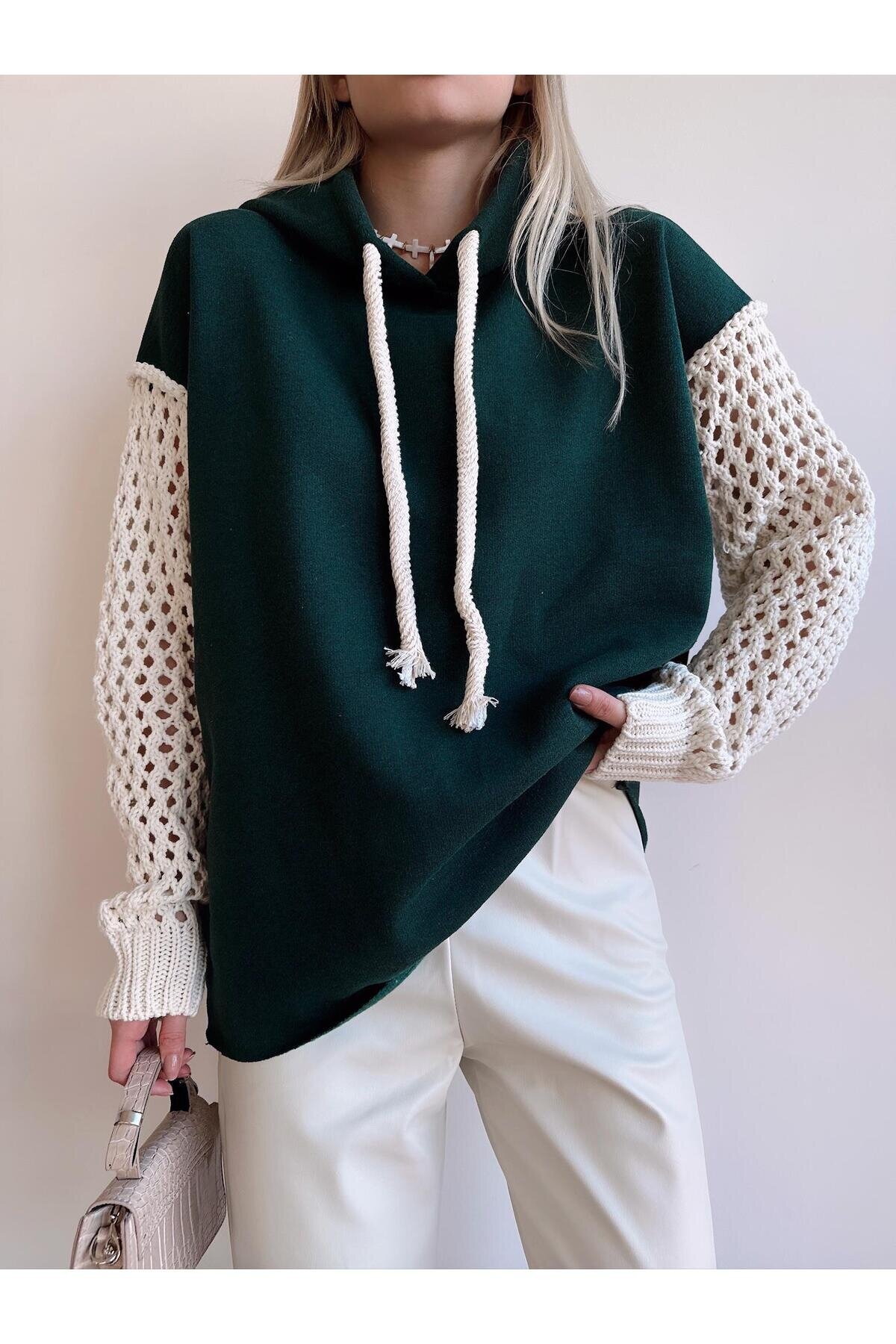 Kadın Kolları Triko Oversize Curve Tasarım Zümrüt Yeşil Sweatshirt