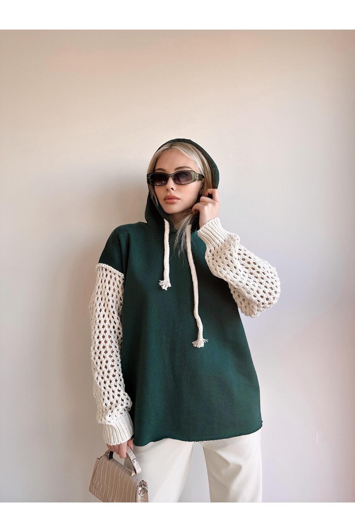 Kadın Kolları Triko Oversize Curve Tasarım Zümrüt Yeşil Sweatshirt