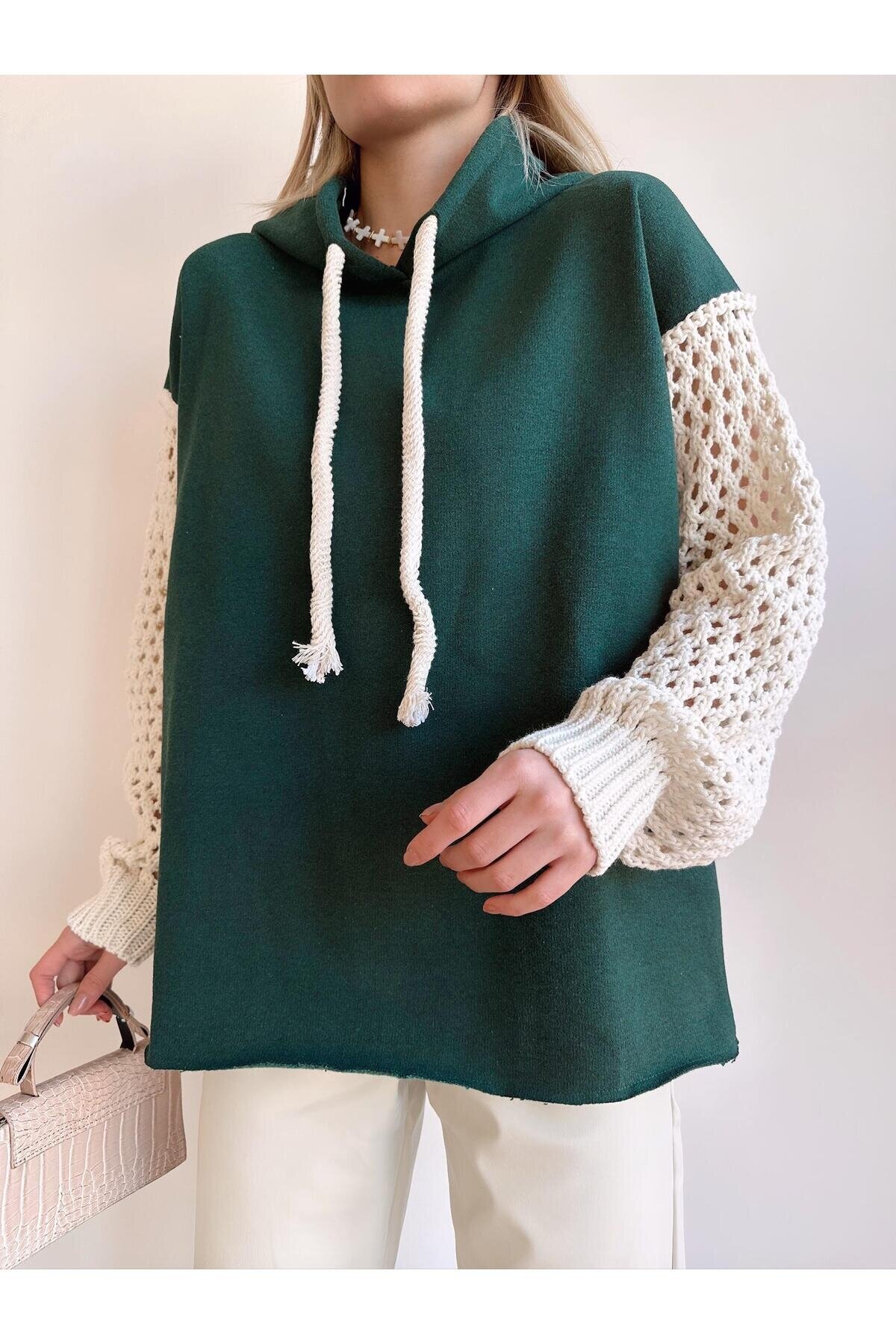 Kadın Kolları Triko Oversize Curve Tasarım Zümrüt Yeşil Sweatshirt