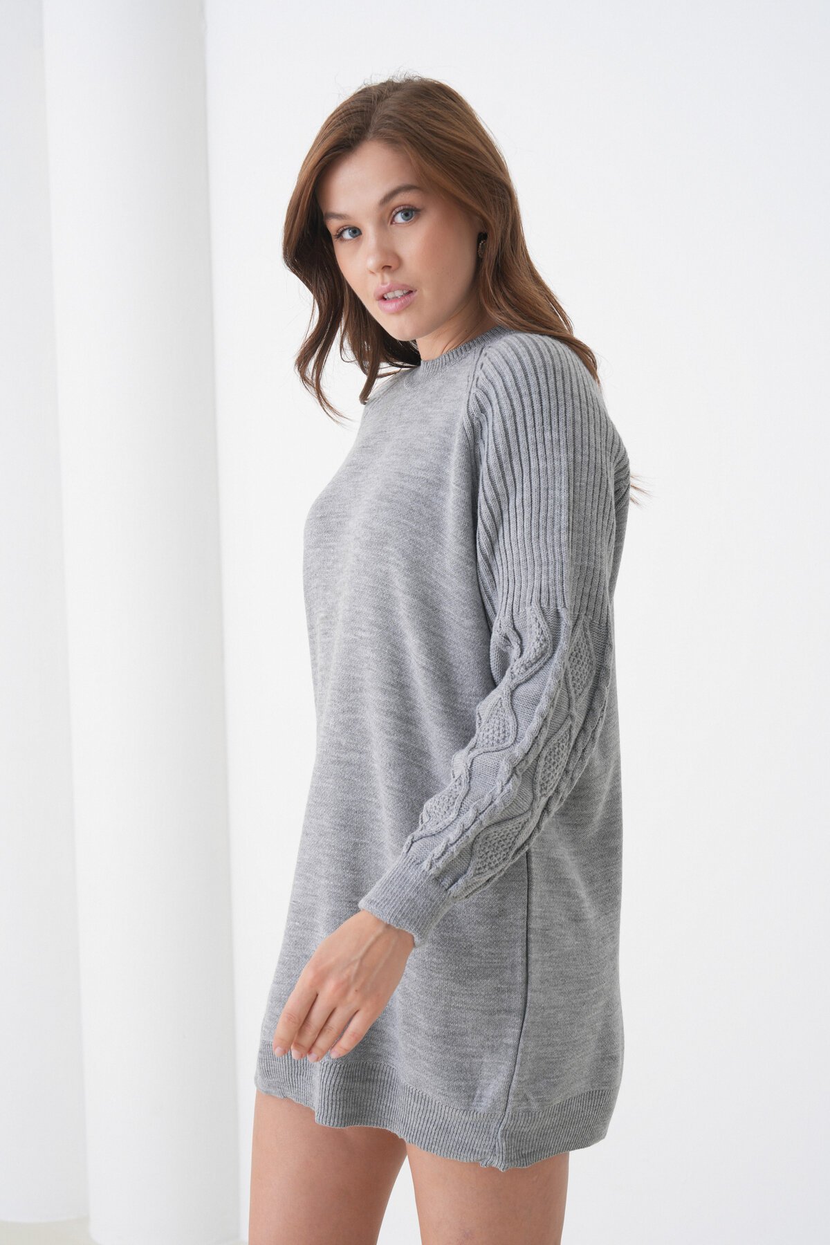 Kadın Kolları Uzun Kendinden Dokulu Bisiklet Yaka Tunik Boy Şık Kışlık Triko Kazak