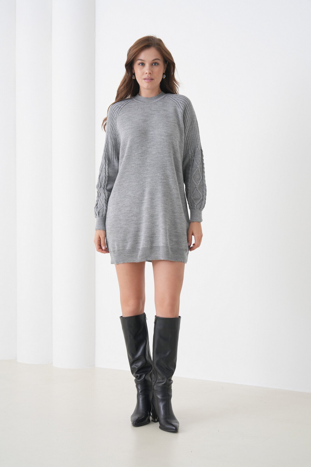 Kadın Kolları Uzun Kendinden Dokulu Bisiklet Yaka Tunik Boy Şık Kışlık Triko Kazak