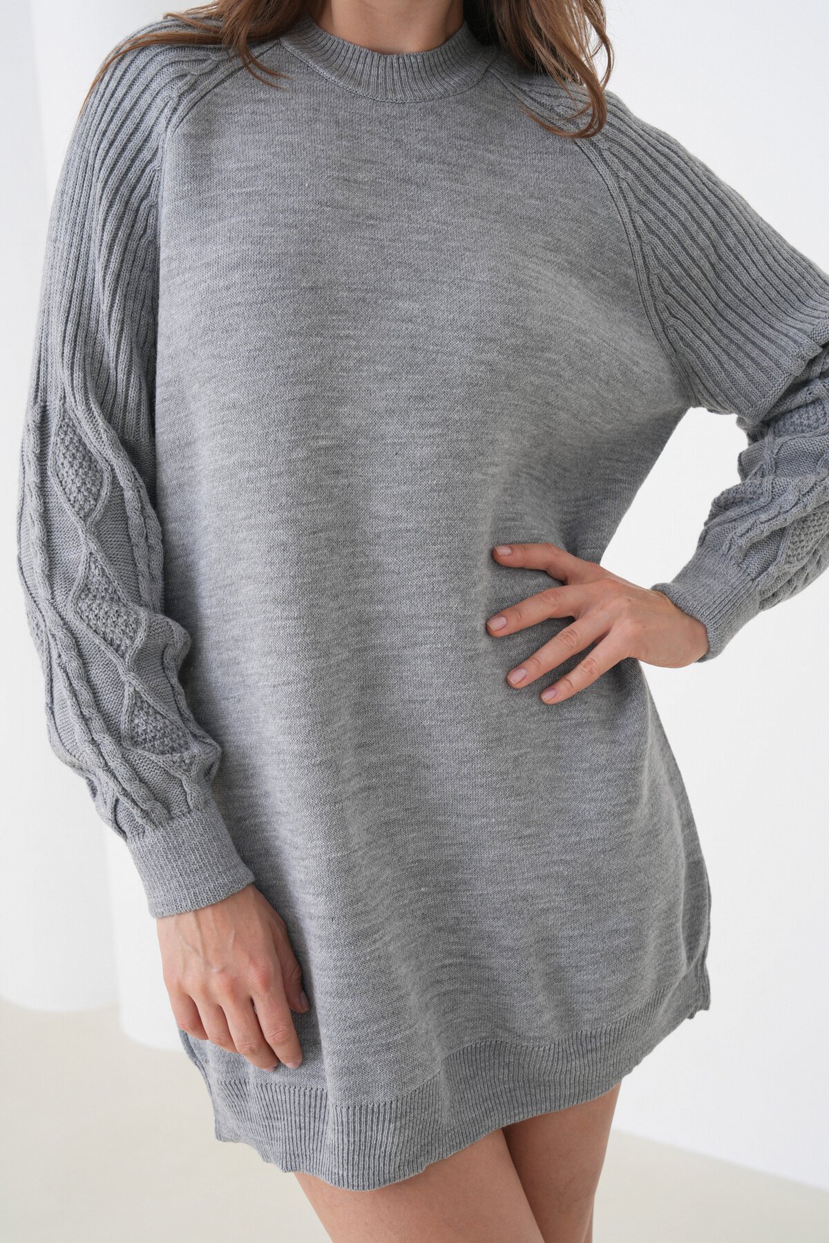 Kadın Kolları Uzun Kendinden Dokulu Bisiklet Yaka Tunik Boy Şık Kışlık Triko Kazak