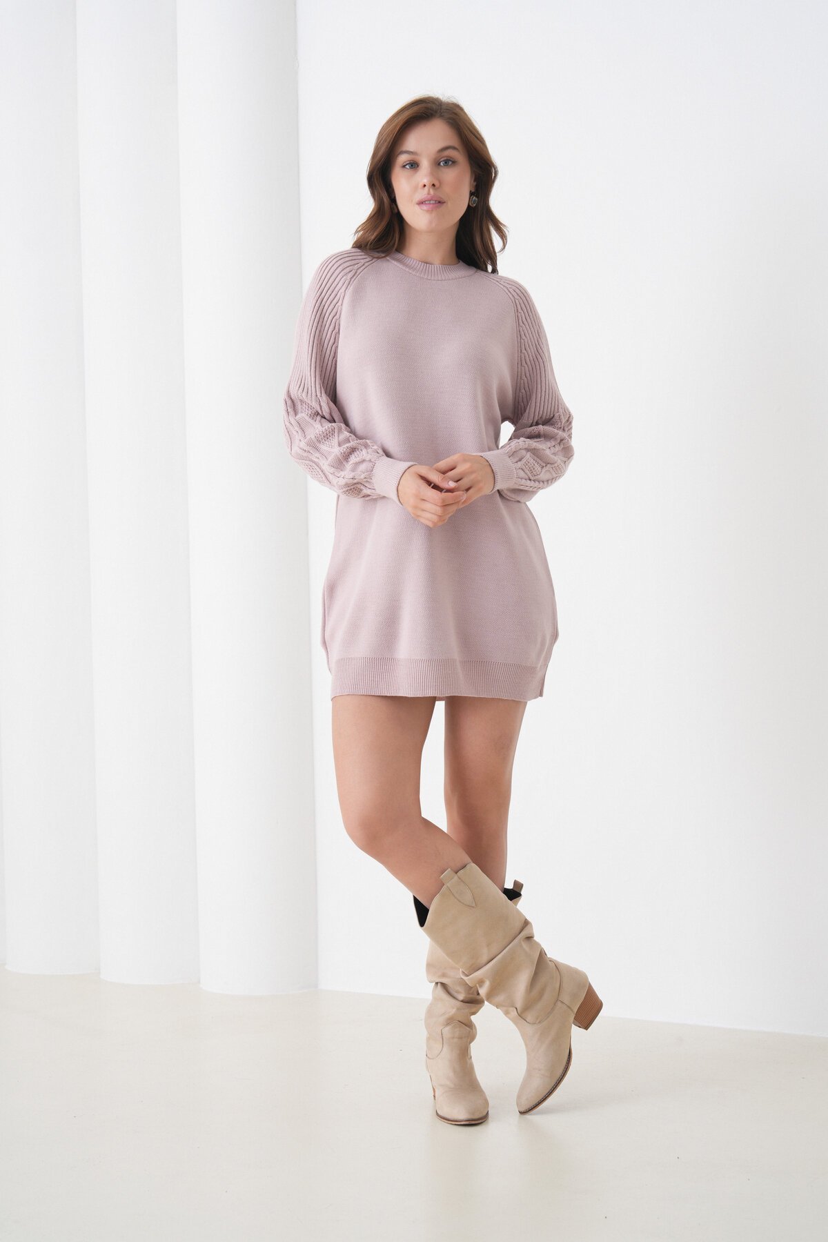 Kadın Kolları Uzun Kendinden Dokulu Bisiklet Yaka Tunik Boy Şık Kışlık Triko Kazak