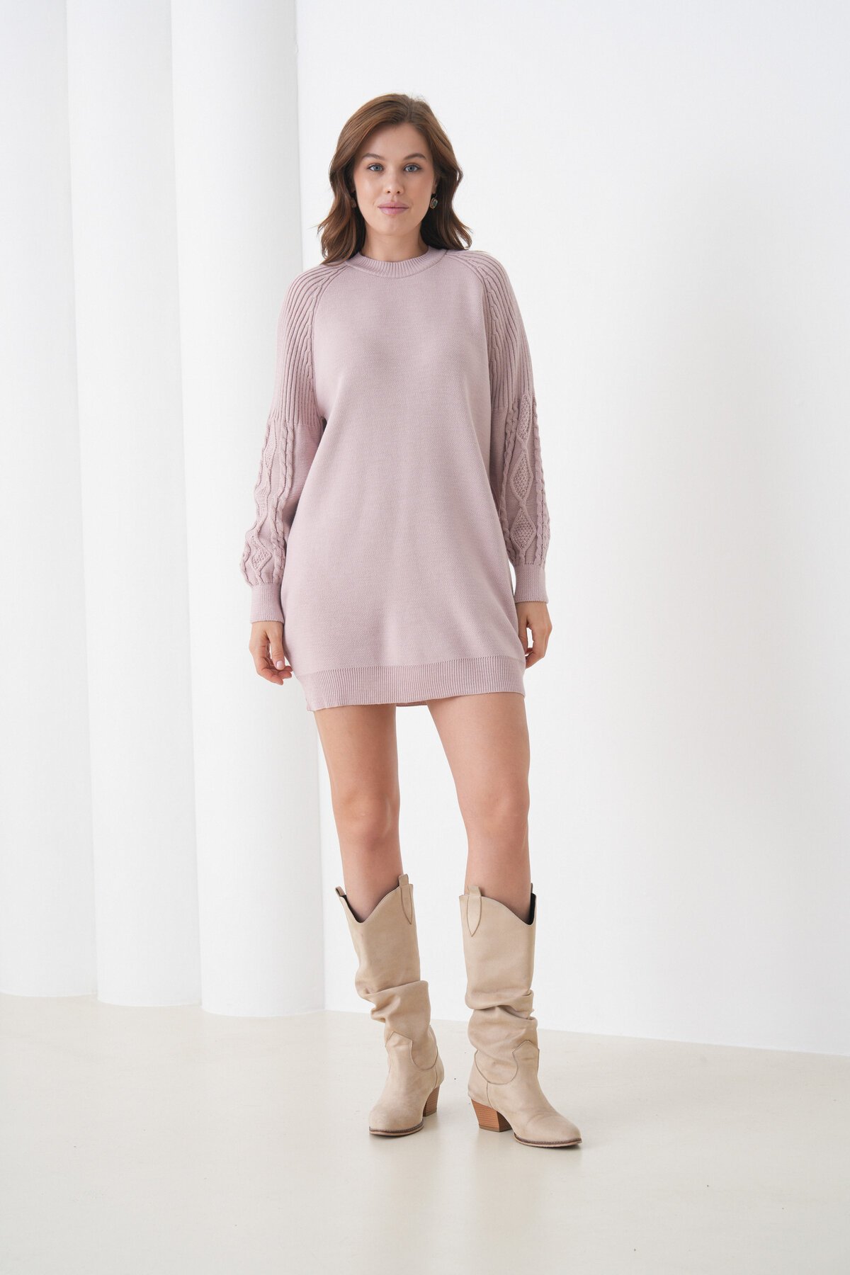 Kadın Kolları Uzun Kendinden Dokulu Bisiklet Yaka Tunik Boy Şık Kışlık Triko Kazak