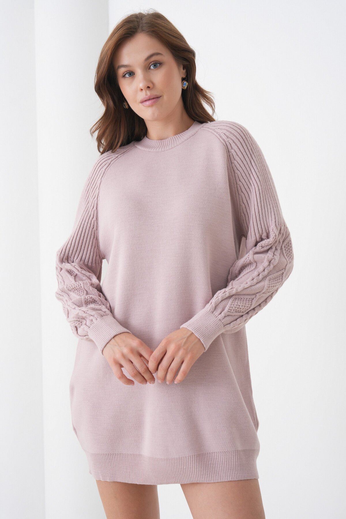 Kadın Kolları Uzun Kendinden Dokulu Bisiklet Yaka Tunik Boy Şık Kışlık Triko Kazak