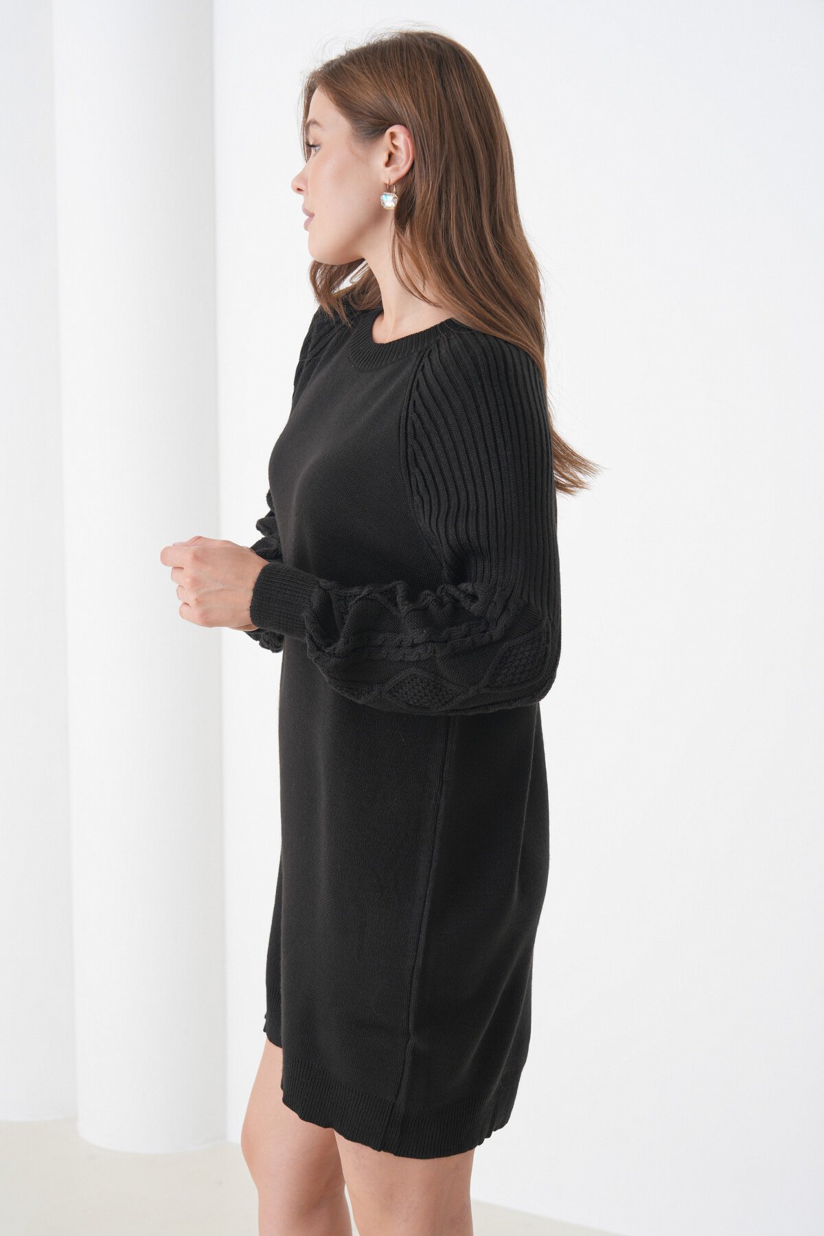 Kadın Kolları Uzun Kendinden Dokulu Bisiklet Yaka Tunik Boy Şık Kışlık Triko Kazak