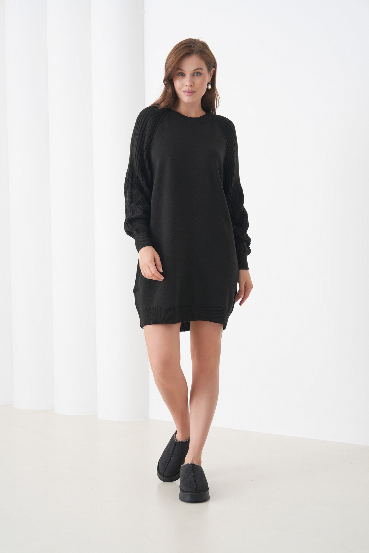 Kadın Kolları Uzun Kendinden Dokulu Bisiklet Yaka Tunik Boy Şık Kışlık Triko Kazak