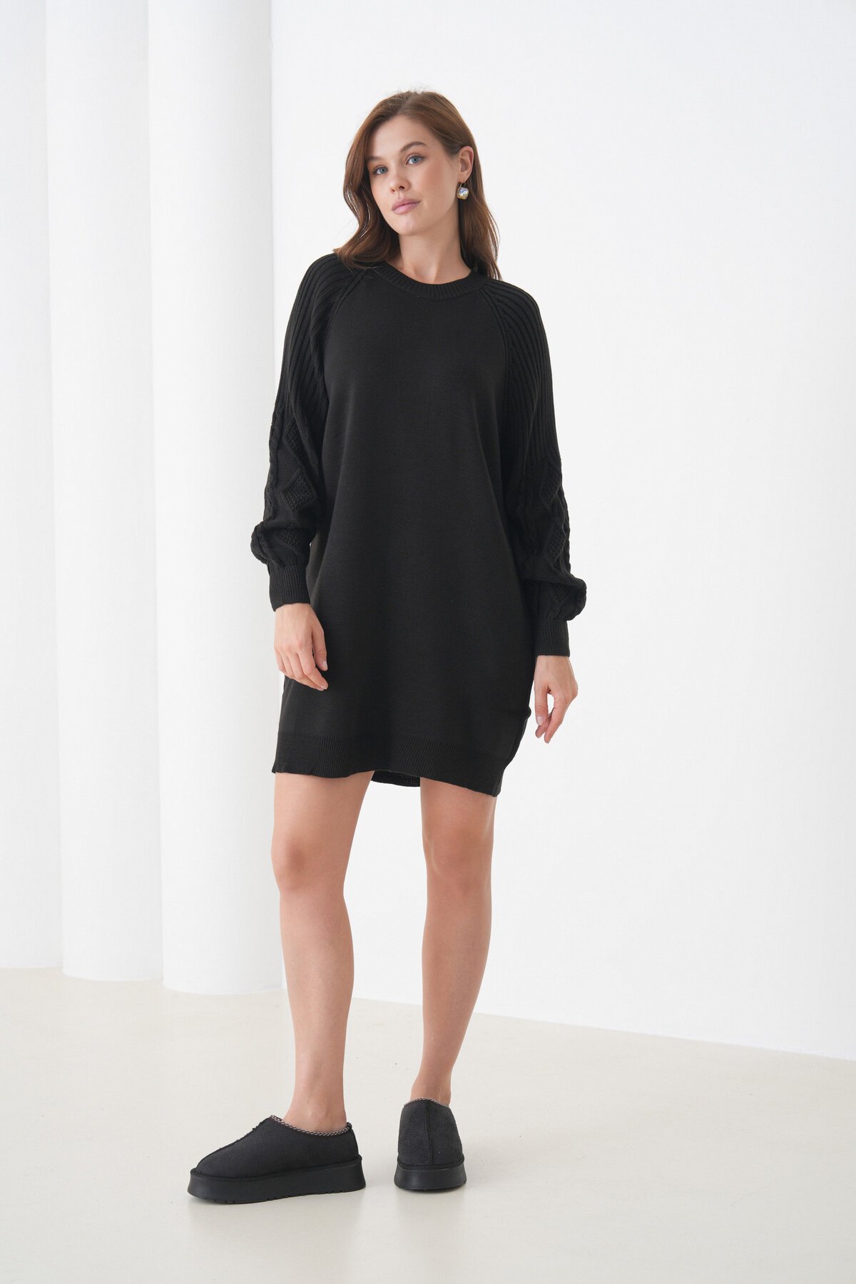 Kadın Kolları Uzun Kendinden Dokulu Bisiklet Yaka Tunik Boy Şık Kışlık Triko Kazak