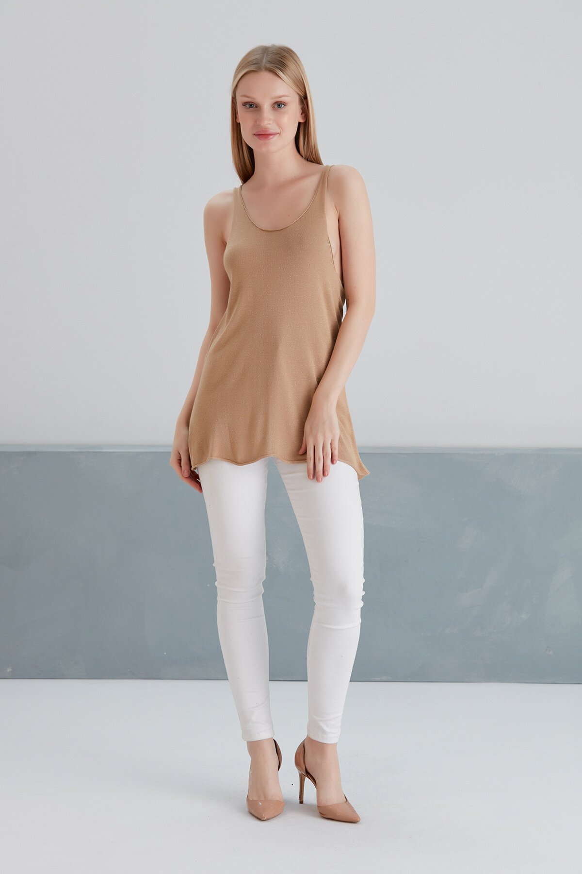 Kadın Kolsuz Simli Yazlık Spor Şık Curve Triko Bluz