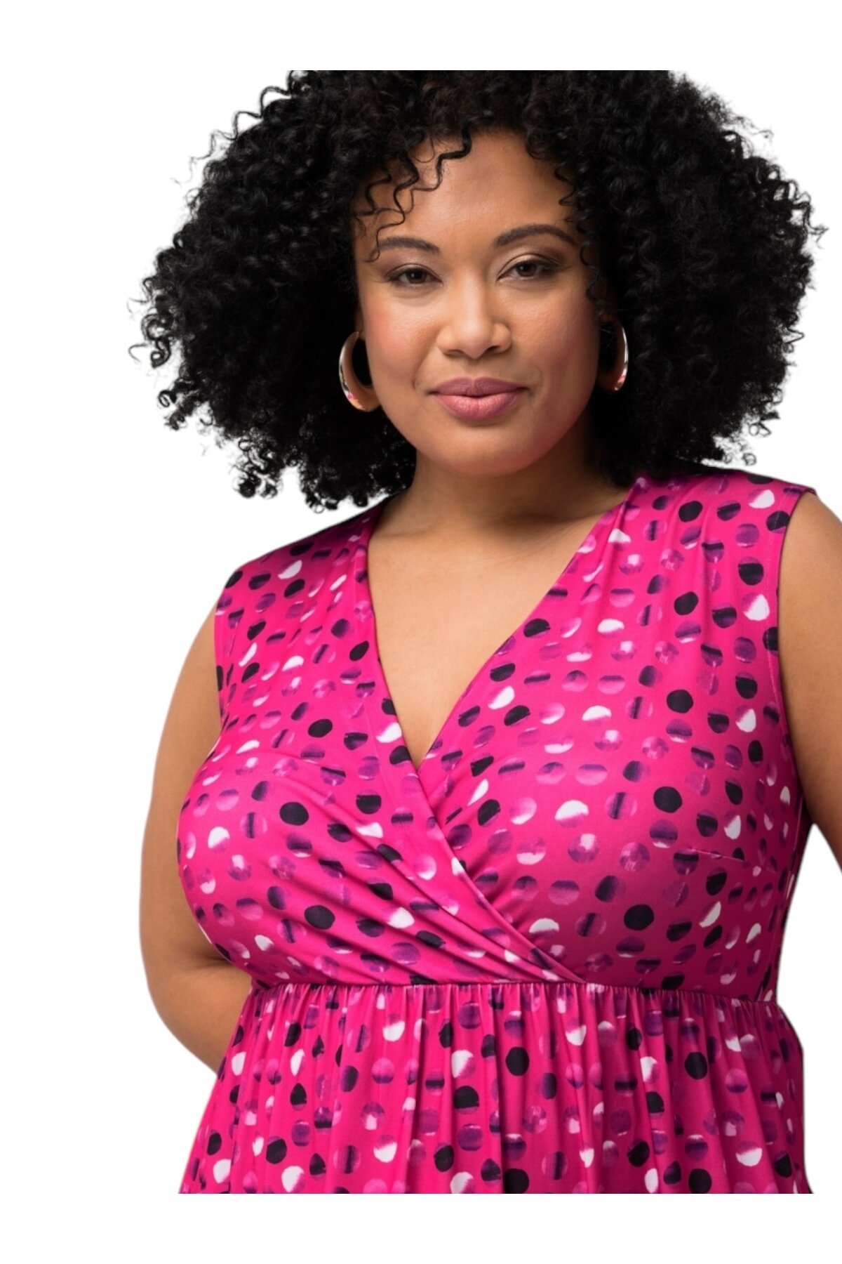 Kadın Kruvaze Yaka Belden Lastikli Kolsuz Desenli Maxi Boy Büyük Beden Curve Şık Elbise