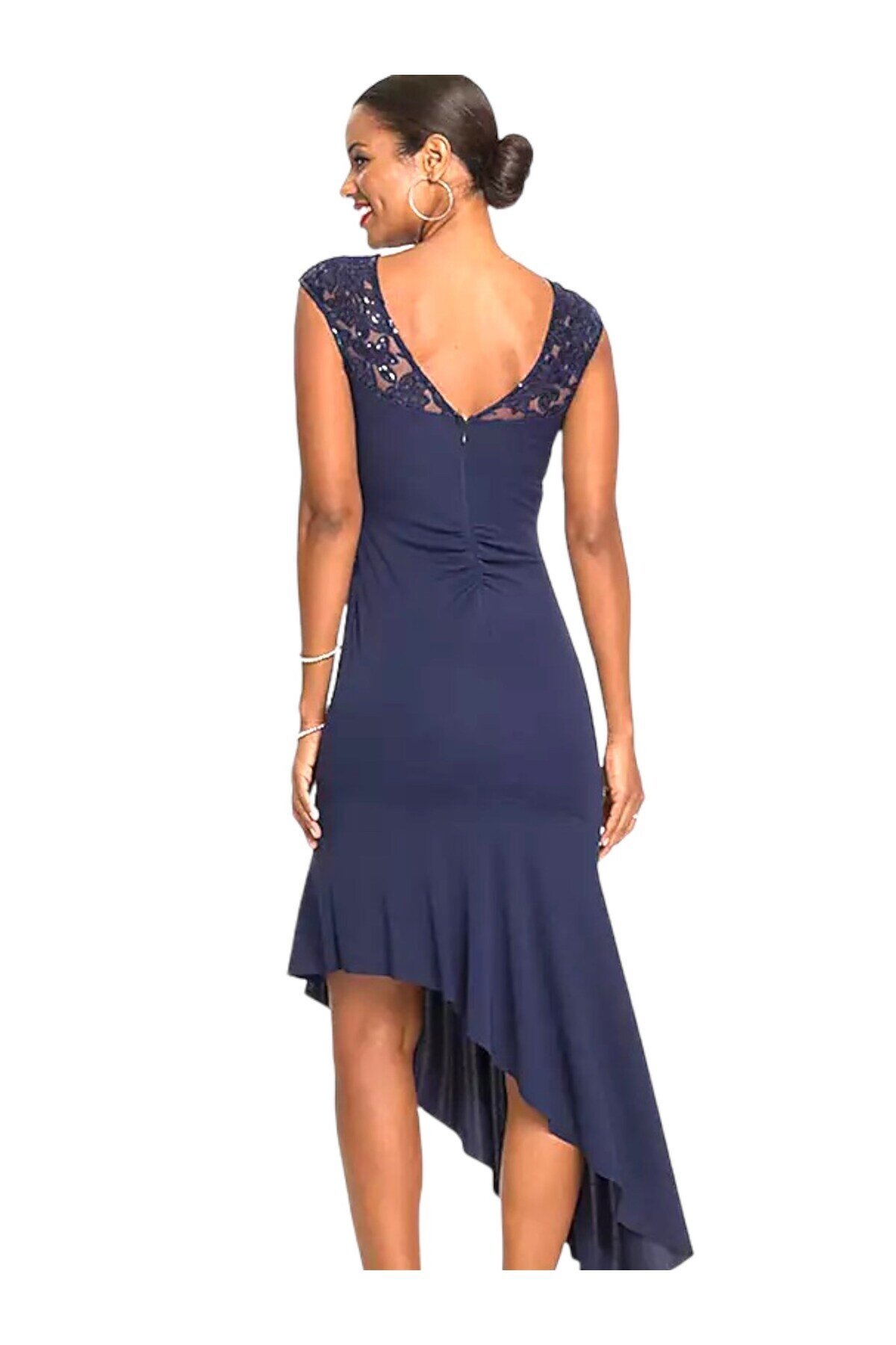 Kadın Lacivert Asimetrik Kesim Tül Detay Gece Elbisesi