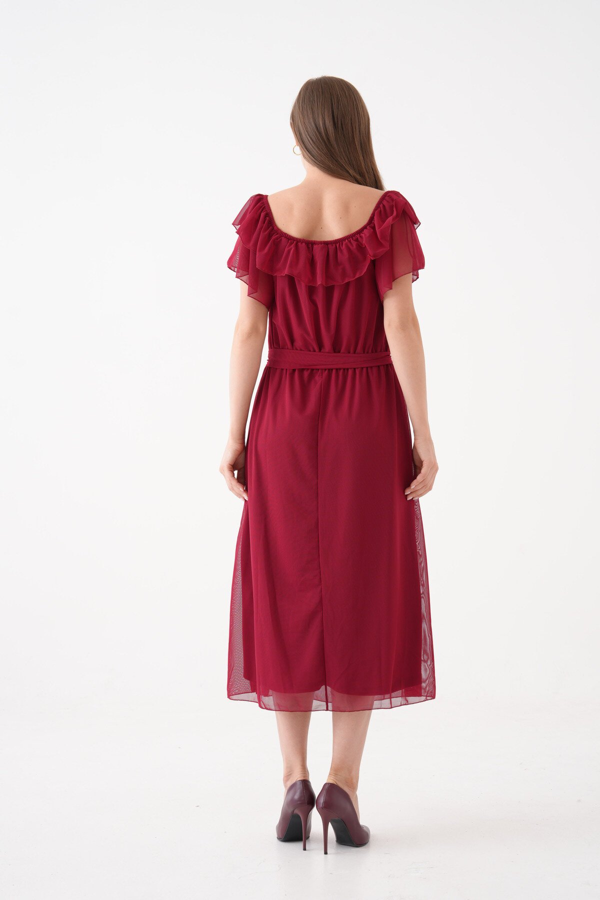 Kadın Madonna Yaka Kayık Omuz Midi Şık Büyük Beden Curve Astarlı Kuşaklı Şifon Elbise