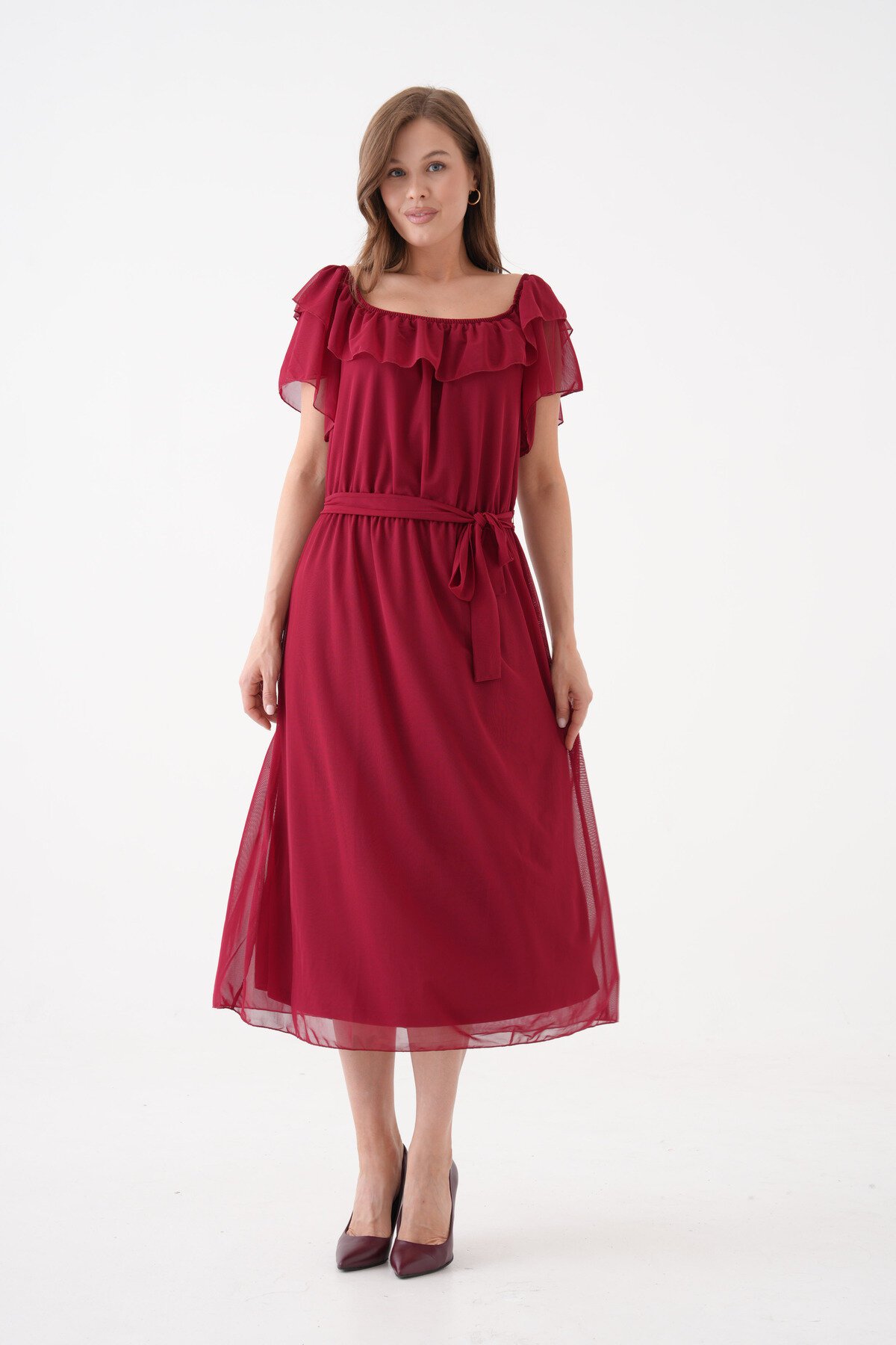 Kadın Madonna Yaka Kayık Omuz Midi Şık Büyük Beden Curve Astarlı Kuşaklı Şifon Elbise