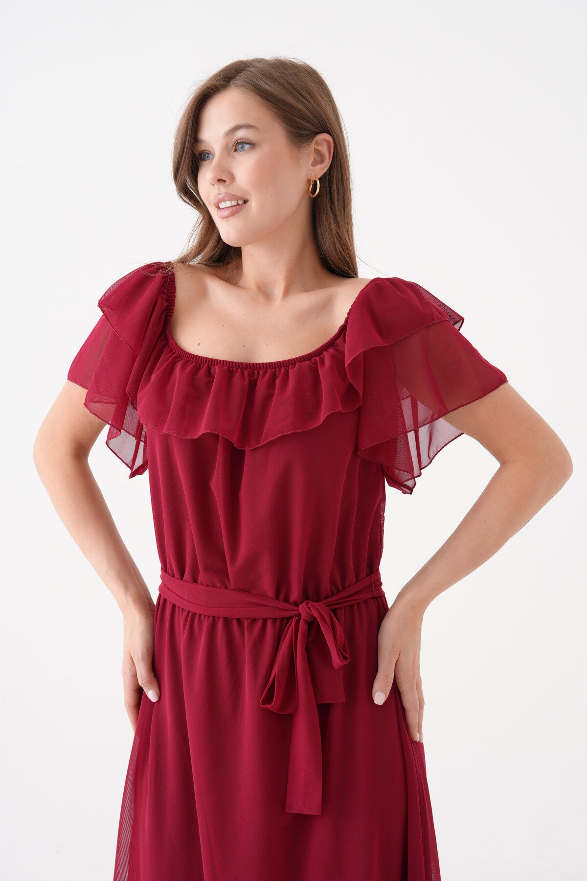 Kadın Madonna Yaka Kayık Omuz Midi Şık Büyük Beden Curve Astarlı Kuşaklı Şifon Elbise